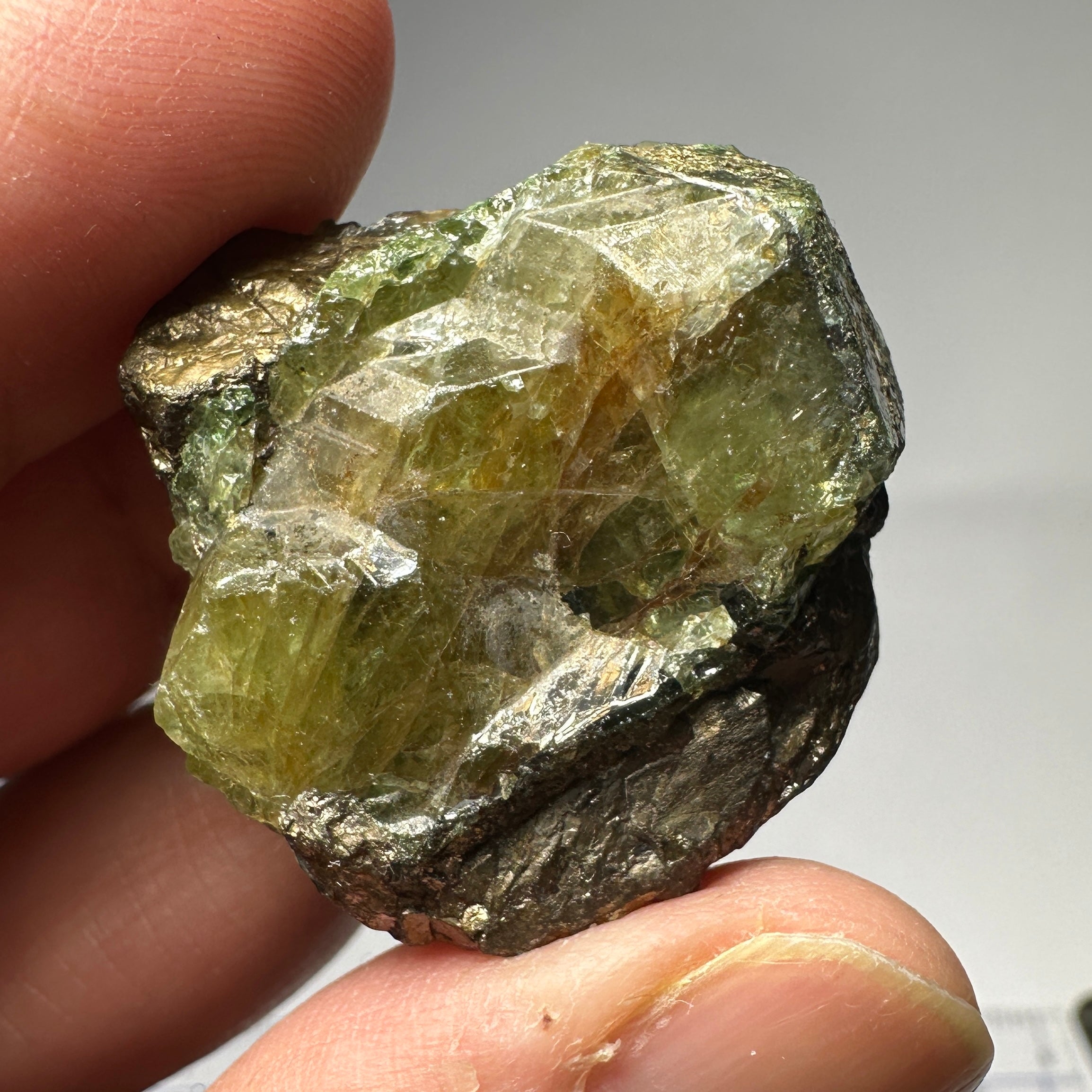 172.96ct / 34.59gm Diopside and Tsavorite with Pyrite on matrix, Mirerani, Tanzania, Untreated Unheated, a fantastic double sided crystal, see video of the other side. 3.35 x 3.26 x 2.09cm