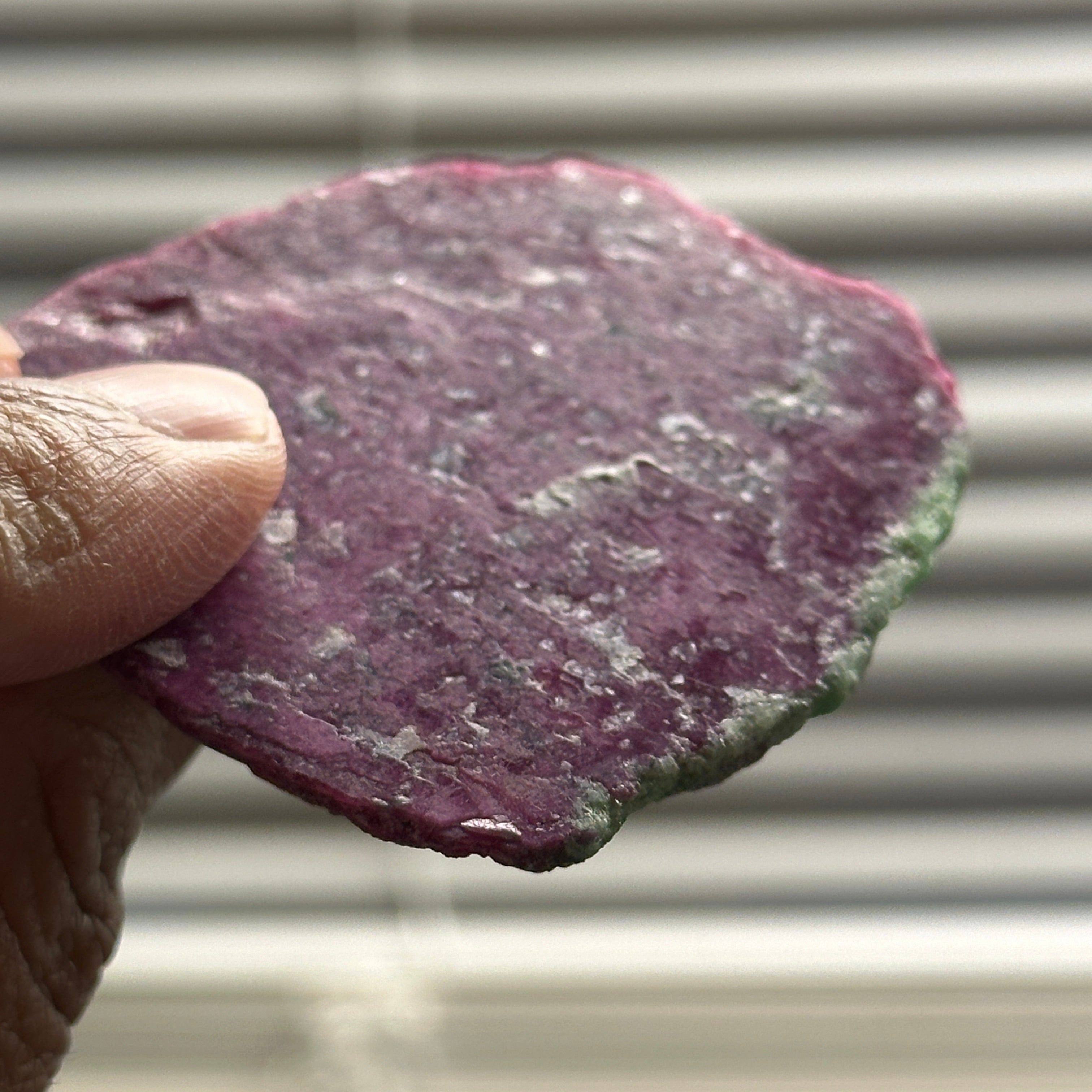 25.90gm Ruby Natural Flat, this crystal disk has been naturally formed flat and not sliced, Longido, Tanzania, Untreated Unheated. 53.50 x 58.00 x 3.30mm, we have never seen it naturally flat crystalized
