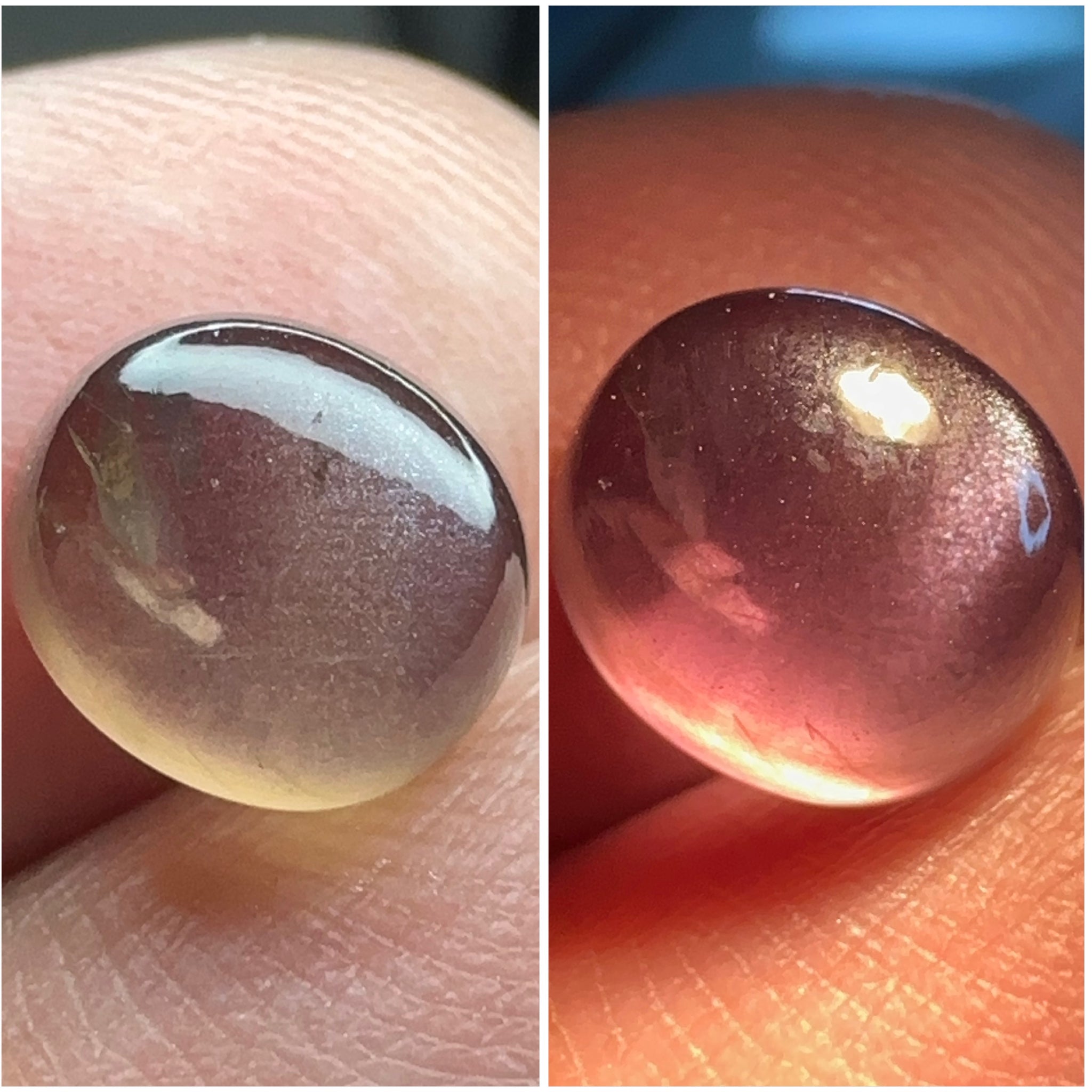 Colour Change Sapphire Cabochon, 3.52ct, Umba Valley, Tanzania. Untreated Unheated. Seems to have silk that appears as a moving spot