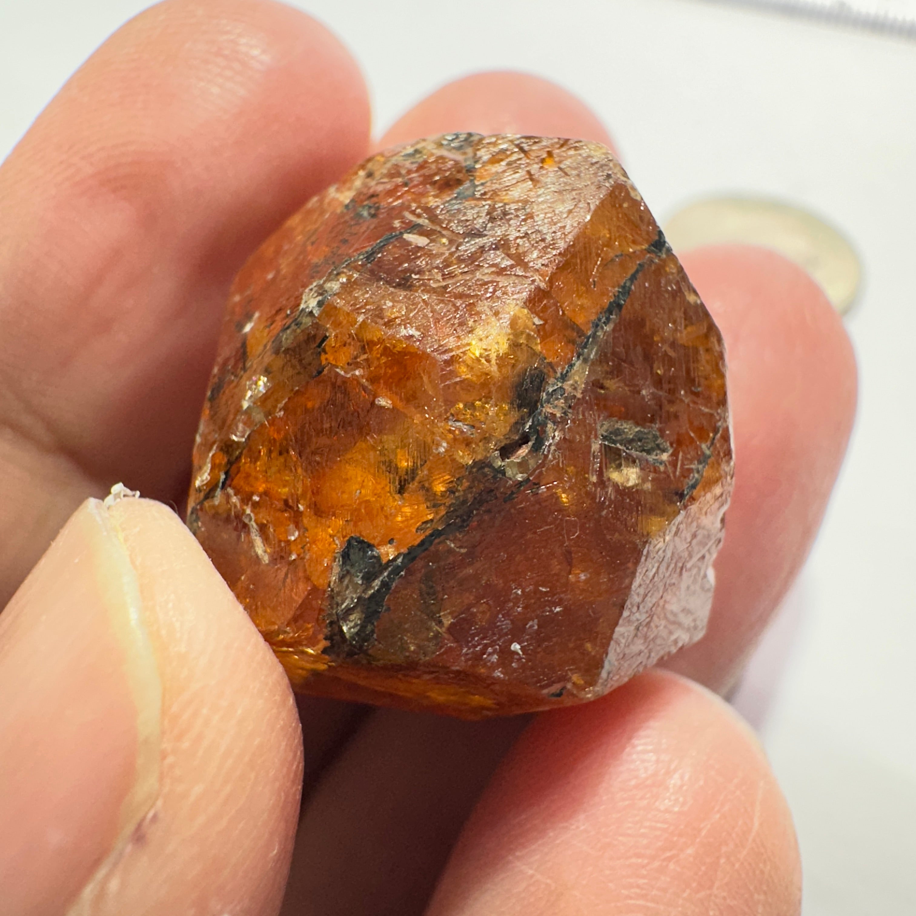144.00ct / 28.80gm Spessartite Garnet Crystal, Loliondo, Tanzania. 25 x 20 x 23 mm. Facetable portions, Untreated Unheated