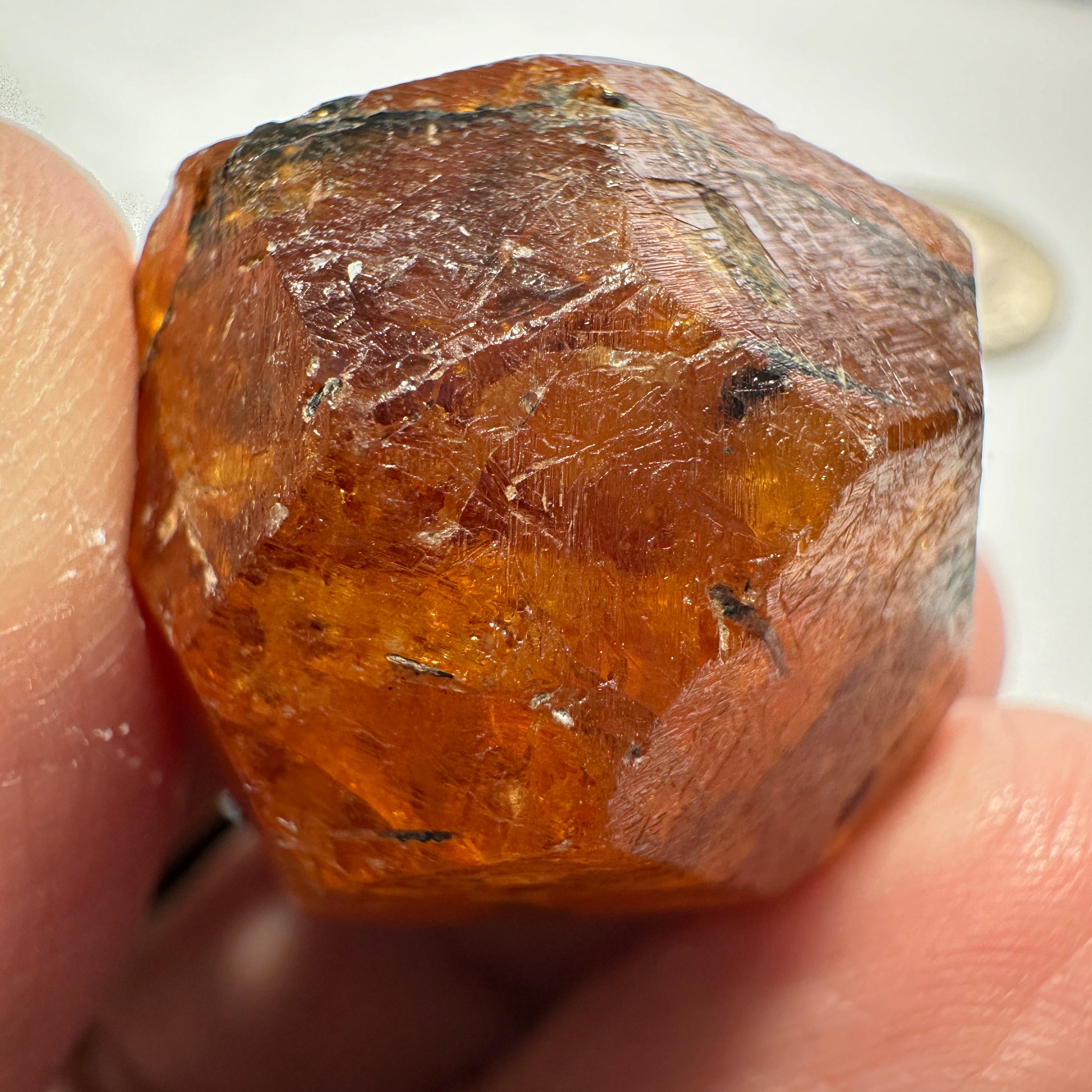 144.00ct / 28.80gm Spessartite Garnet Crystal, Loliondo, Tanzania. 25 x 20 x 23 mm. Facetable portions, Untreated Unheated