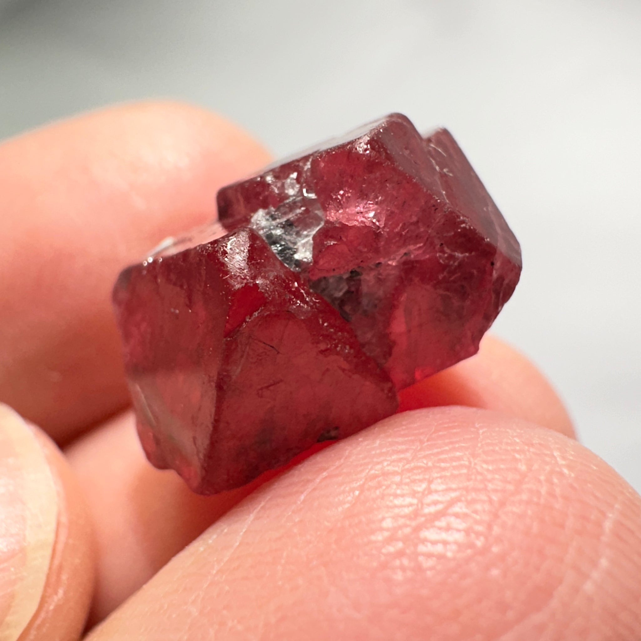 Mahenge Red Spinel Crystal, 13.48ct, Twin Crystal, Mahenge, Tanzania, Untreated Unheated - Tiny Facetable Portions. 15.9 x 9 x 8.8 mm