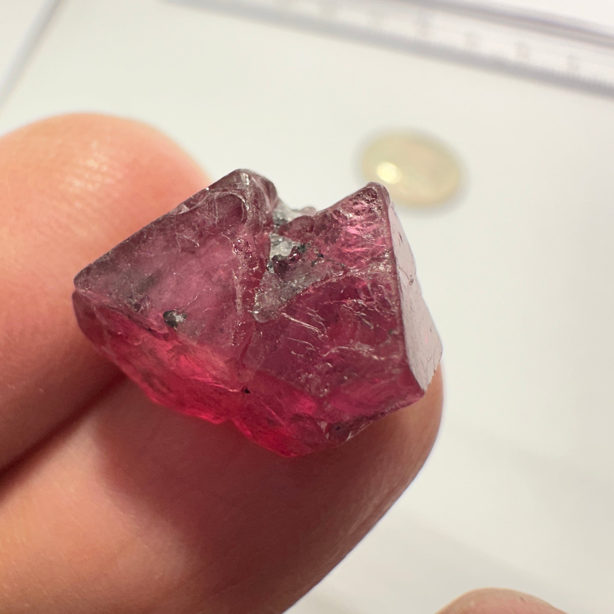 Mahenge Red Spinel Crystal, 13.48ct, Twin Crystal, Mahenge, Tanzania, Untreated Unheated - Tiny Facetable Portions. 15.9 x 9 x 8.8 mm