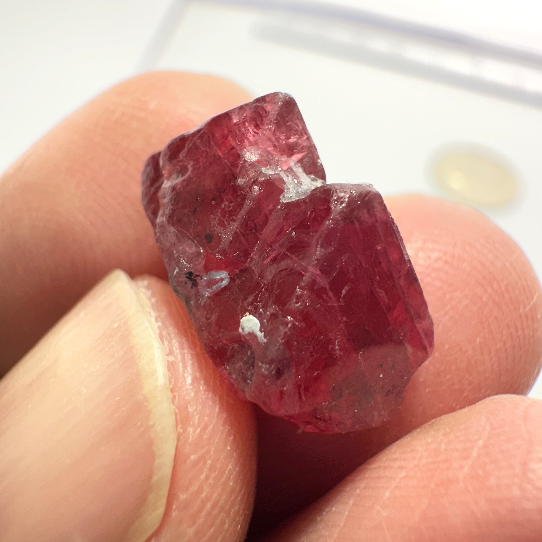 Mahenge Red Spinel Crystal, 13.48ct, Twin Crystal, Mahenge, Tanzania, Untreated Unheated - Tiny Facetable Portions. 15.9 x 9 x 8.8 mm