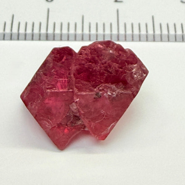 Mahenge Red Spinel Crystal, 13.48ct, Twin Crystal, Mahenge, Tanzania, Untreated Unheated - Tiny Facetable Portions. 15.9 x 9 x 8.8 mm