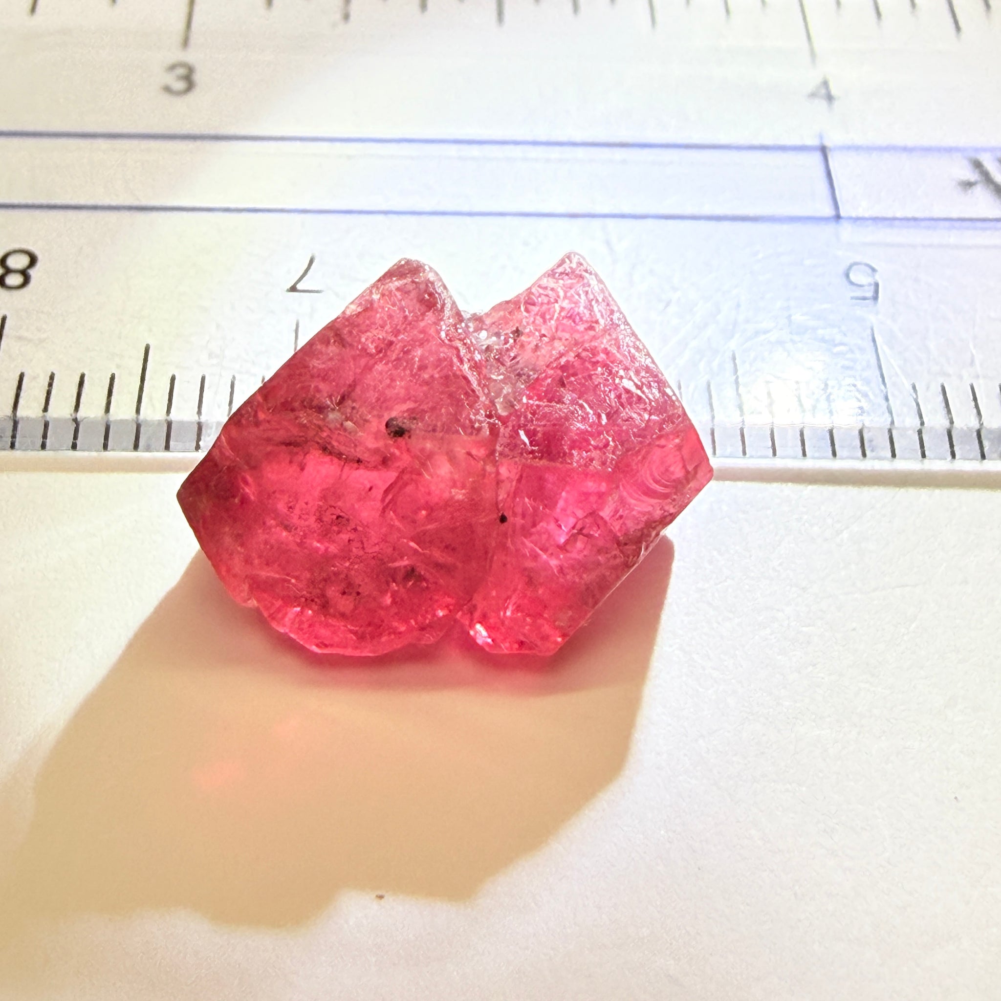 Mahenge Red Spinel Crystal, 13.48ct, Twin Crystal, Mahenge, Tanzania, Untreated Unheated - Tiny Facetable Portions. 15.9 x 9 x 8.8 mm