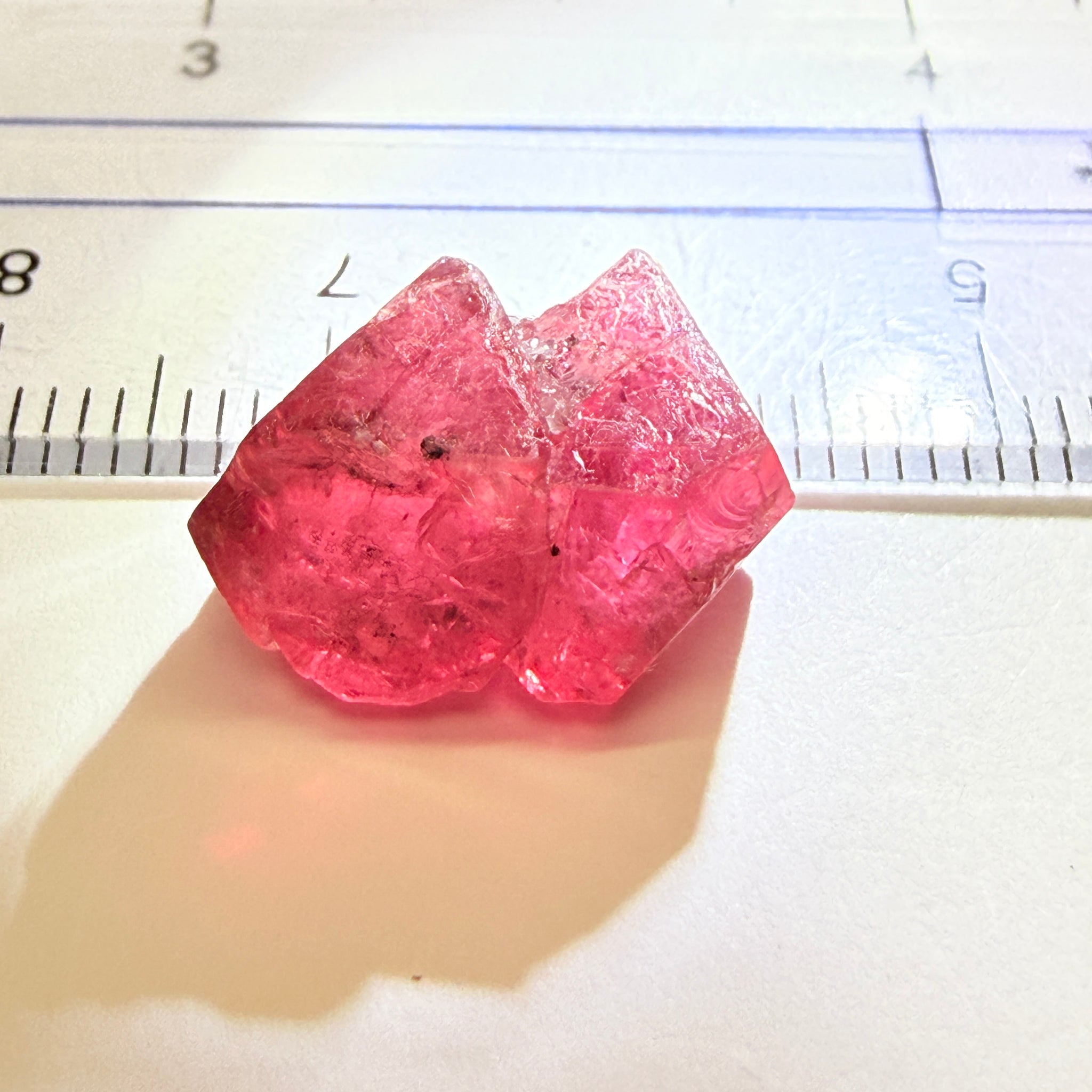 Mahenge Red Spinel Crystal, 13.48ct, Twin Crystal, Mahenge, Tanzania, Untreated Unheated - Tiny Facetable Portions. 15.9 x 9 x 8.8 mm