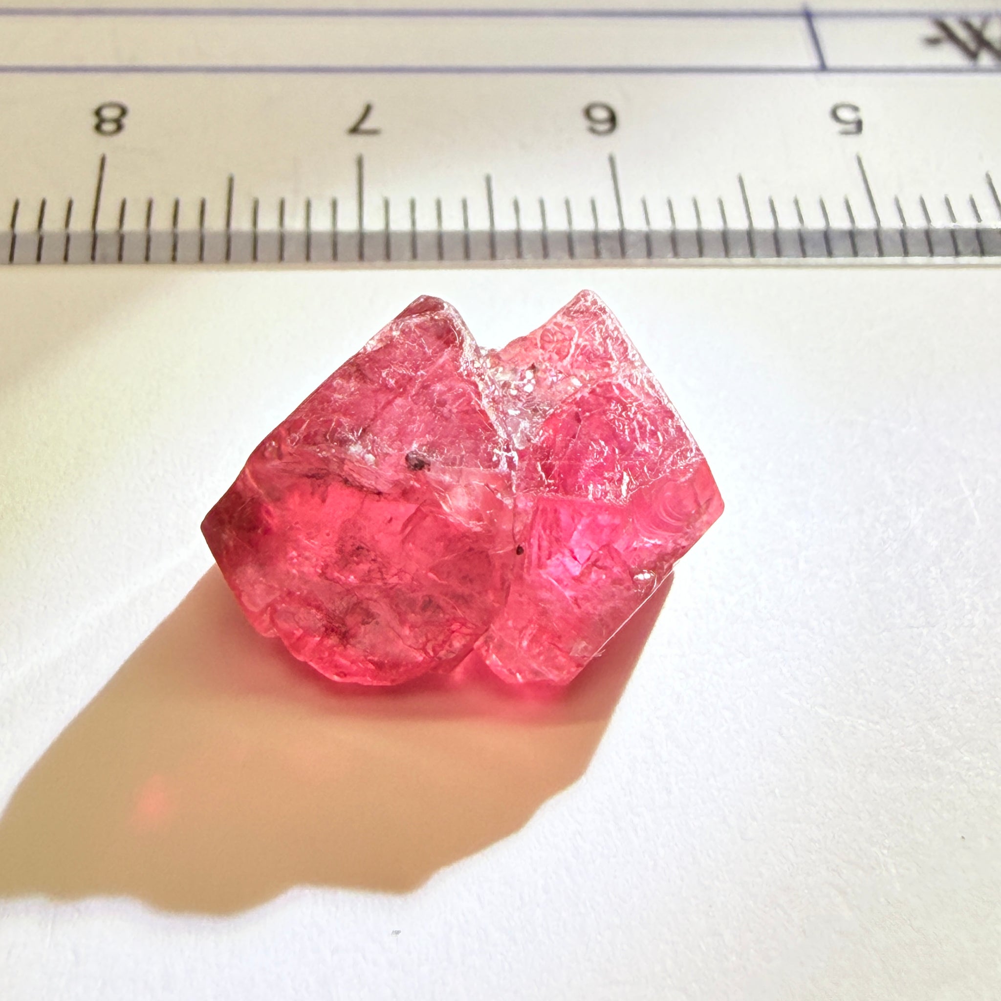 Mahenge Red Spinel Crystal, 13.48ct, Twin Crystal, Mahenge, Tanzania, Untreated Unheated - Tiny Facetable Portions. 15.9 x 9 x 8.8 mm