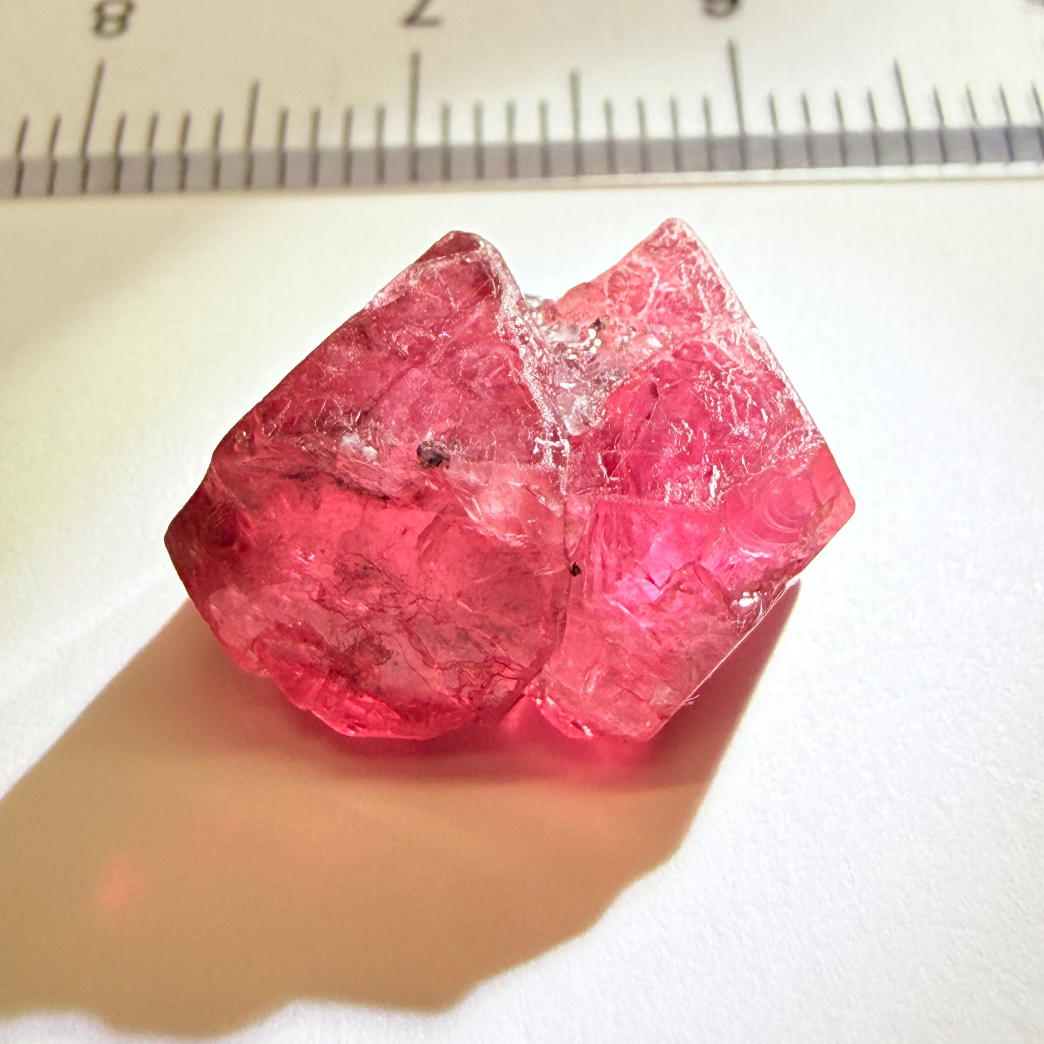 Mahenge Red Spinel Crystal, 13.48ct, Twin Crystal, Mahenge, Tanzania, Untreated Unheated - Tiny Facetable Portions. 15.9 x 9 x 8.8 mm