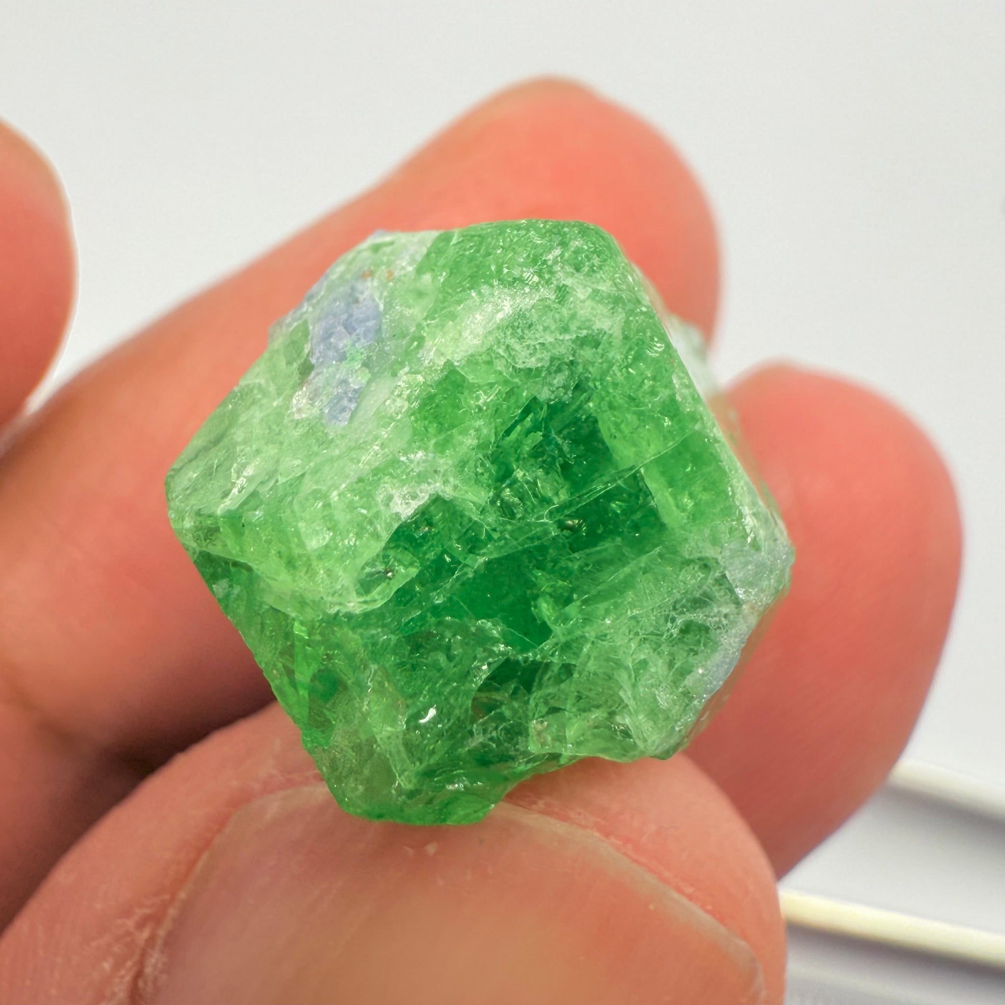 Tsavorite Crystal with bits of Tanzanite on it, 23.41ct, Merelani, Tanzania, Untreated Unheated