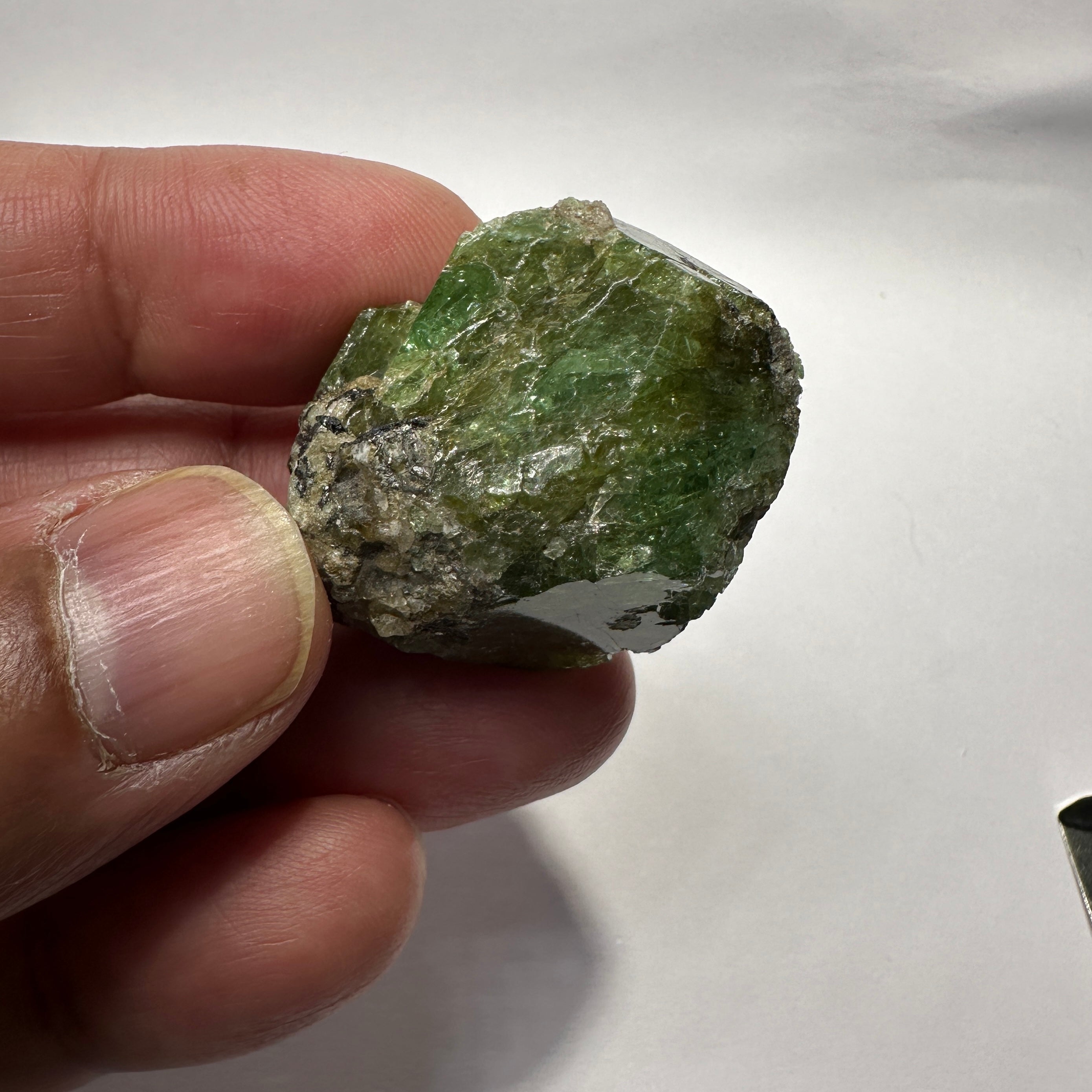 159.71ct / 31.94gm Tsavorite with Pyrite crystal on matrix, Mirerani, Tanzania, Untreated Unheated, 3.39 x 2.9 x 2.01cm