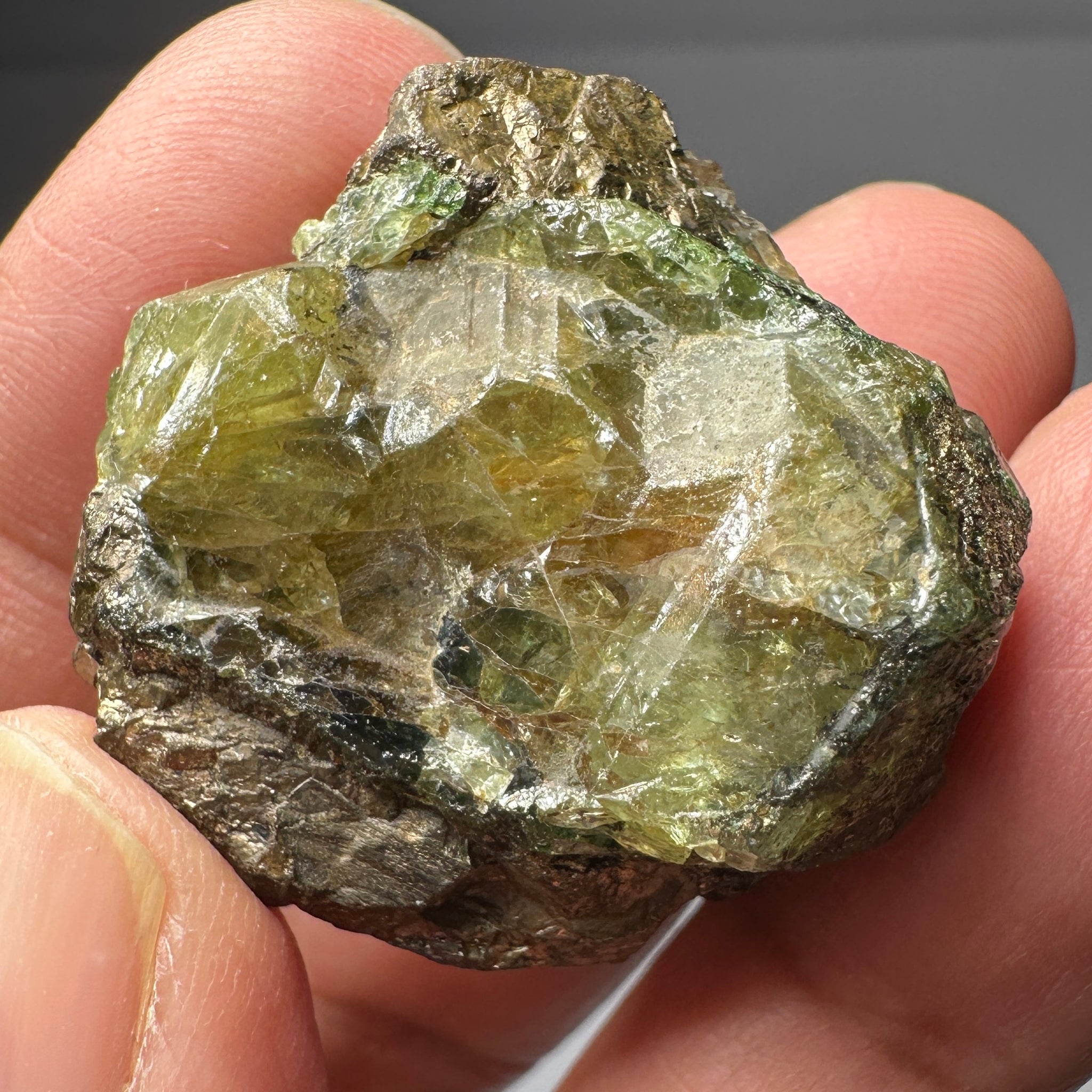 Diopside and Tsavorite with Pyrite on matrix, 172.96ct / 34.59gm, Mirerani, Tanzania, Untreated Unheated, a fantastic double sided crystal, see video of the other side. 3.35 x 3.26 x 2.09cm
