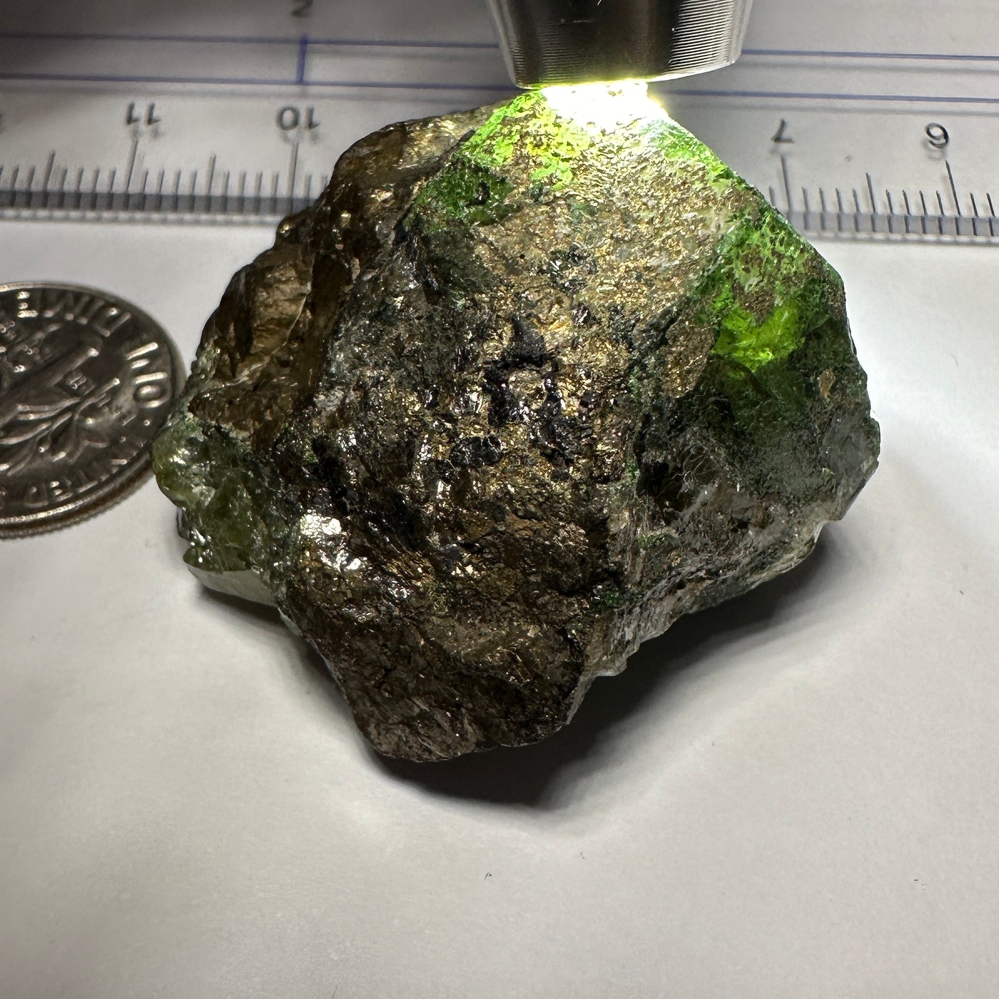 Diopside and Tsavorite with Pyrite on matrix, 172.96ct / 34.59gm, Mirerani, Tanzania, Untreated Unheated, a fantastic double sided crystal, see video of the other side. 3.35 x 3.26 x 2.09cm