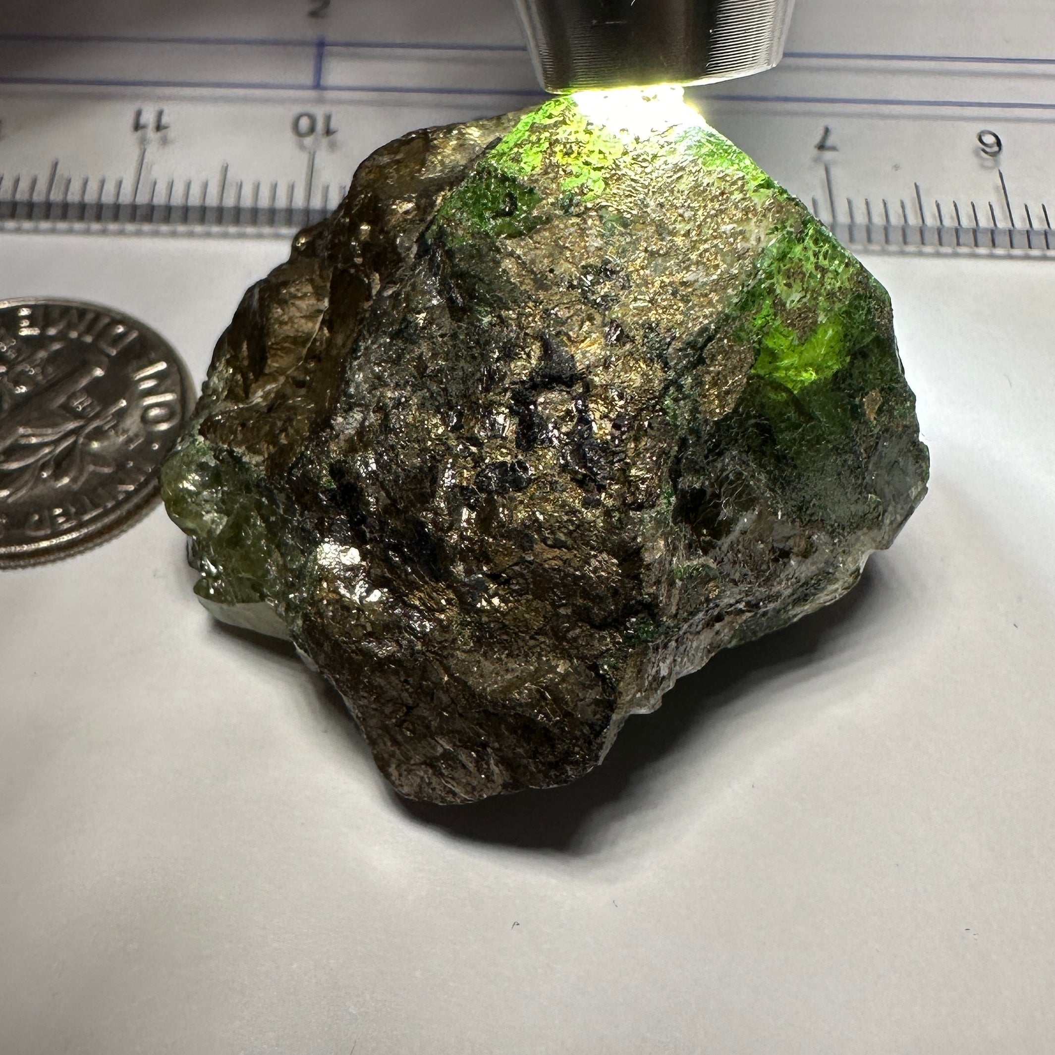 172.96ct / 34.59gm Diopside and Tsavorite with Pyrite on matrix, Mirerani, Tanzania, Untreated Unheated, a fantastic double sided crystal, see video of the other side. 3.35 x 3.26 x 2.09cm