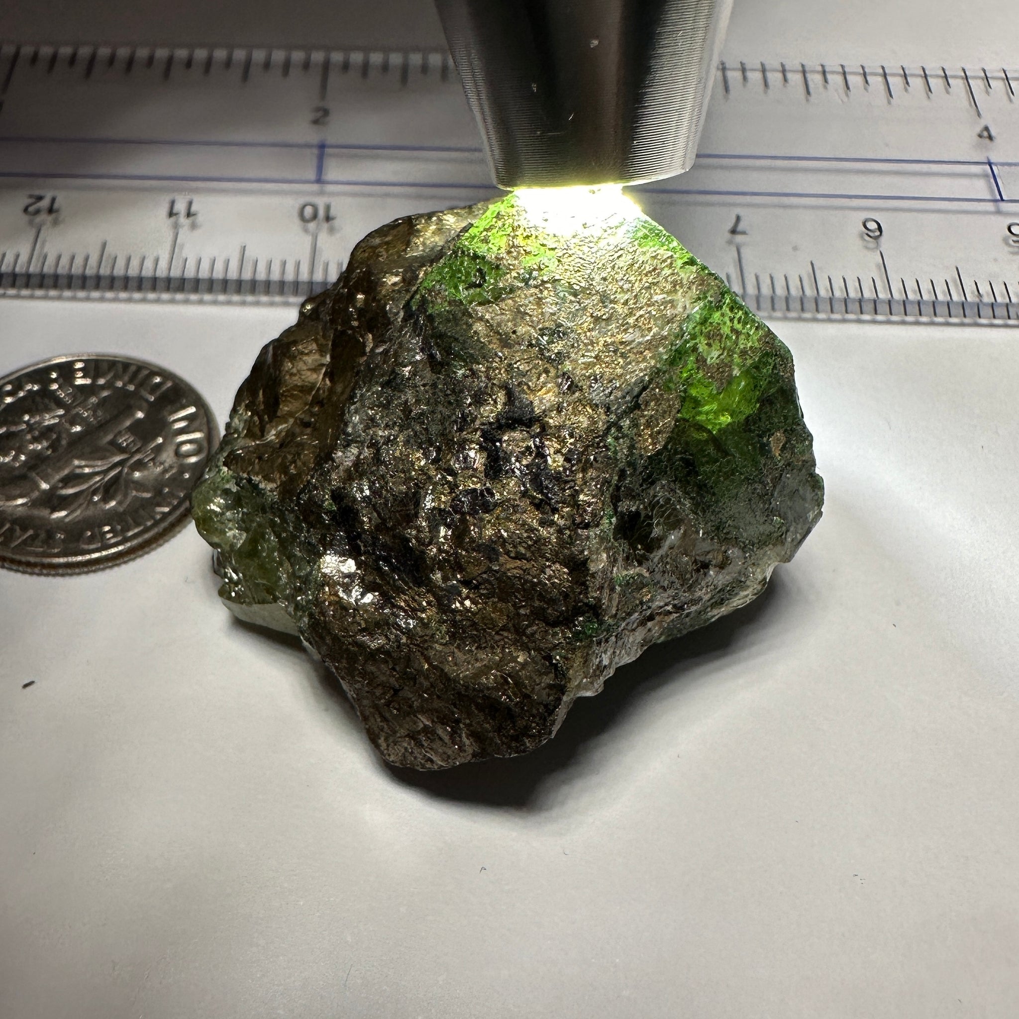 Diopside and Tsavorite with Pyrite on matrix, 172.96ct / 34.59gm, Mirerani, Tanzania, Untreated Unheated, a fantastic double sided crystal, see video of the other side. 3.35 x 3.26 x 2.09cm