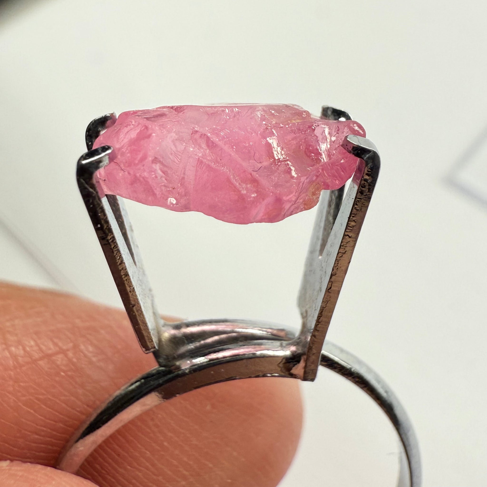 Pink Spinel, Baby Pink, 3.40ct, Tanzania, Untreated Unheated, slight inclusion on the outer skin, comes off on preform, rest just silky, flattish shape, set into jewellery as is, setting idea of what it would look like in a ring is shown