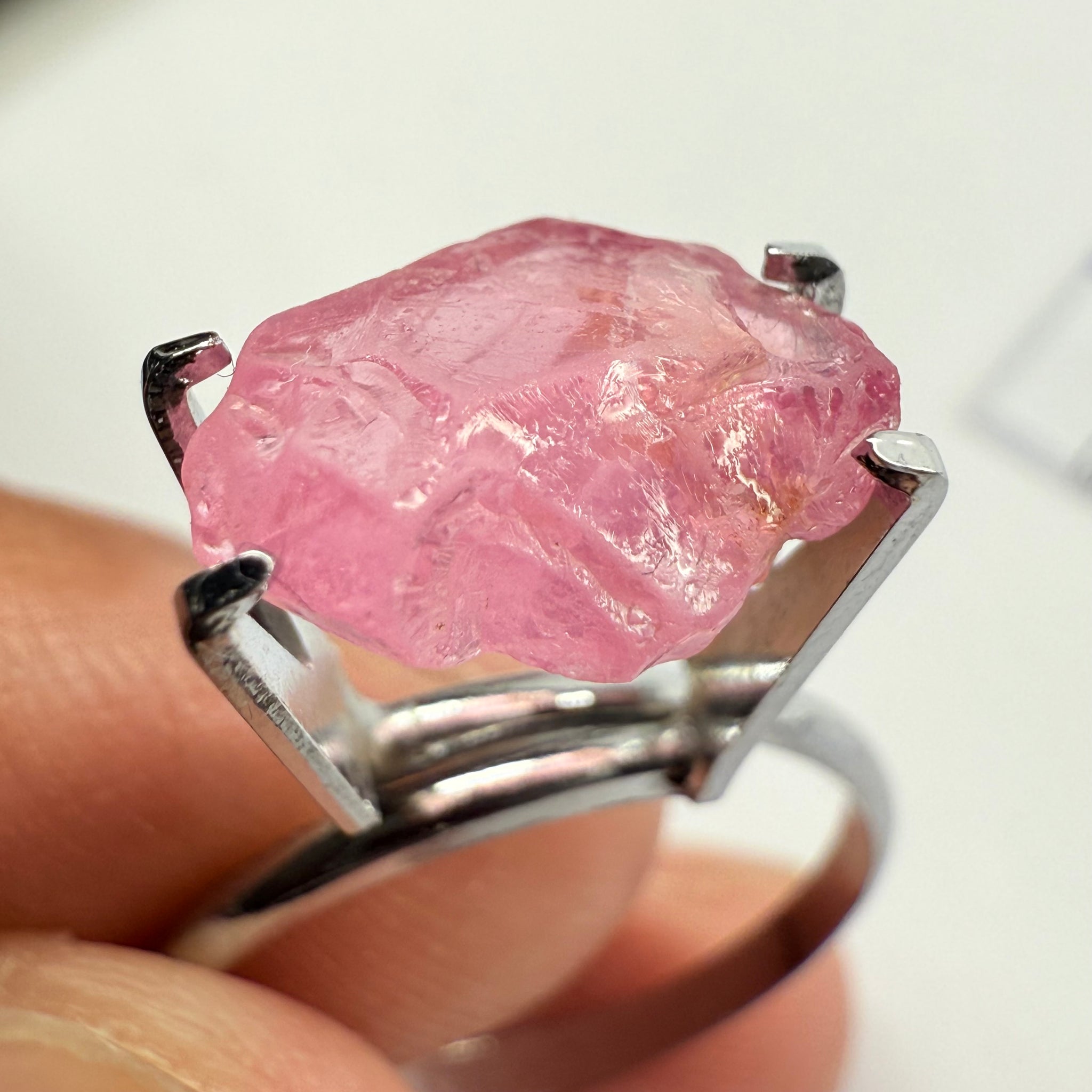 Pink Spinel, Baby Pink, 3.40ct, Tanzania, Untreated Unheated, slight inclusion on the outer skin, comes off on preform, rest just silky, flattish shape, set into jewellery as is, setting idea of what it would look like in a ring is shown