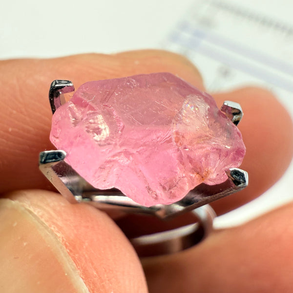 Pink Spinel, Baby Pink, 3.40ct, Tanzania, Untreated Unheated, slight inclusion on the outer skin, comes off on preform, rest just silky, flattish shape, set into jewellery as is, setting idea of what it would look like in a ring is shown