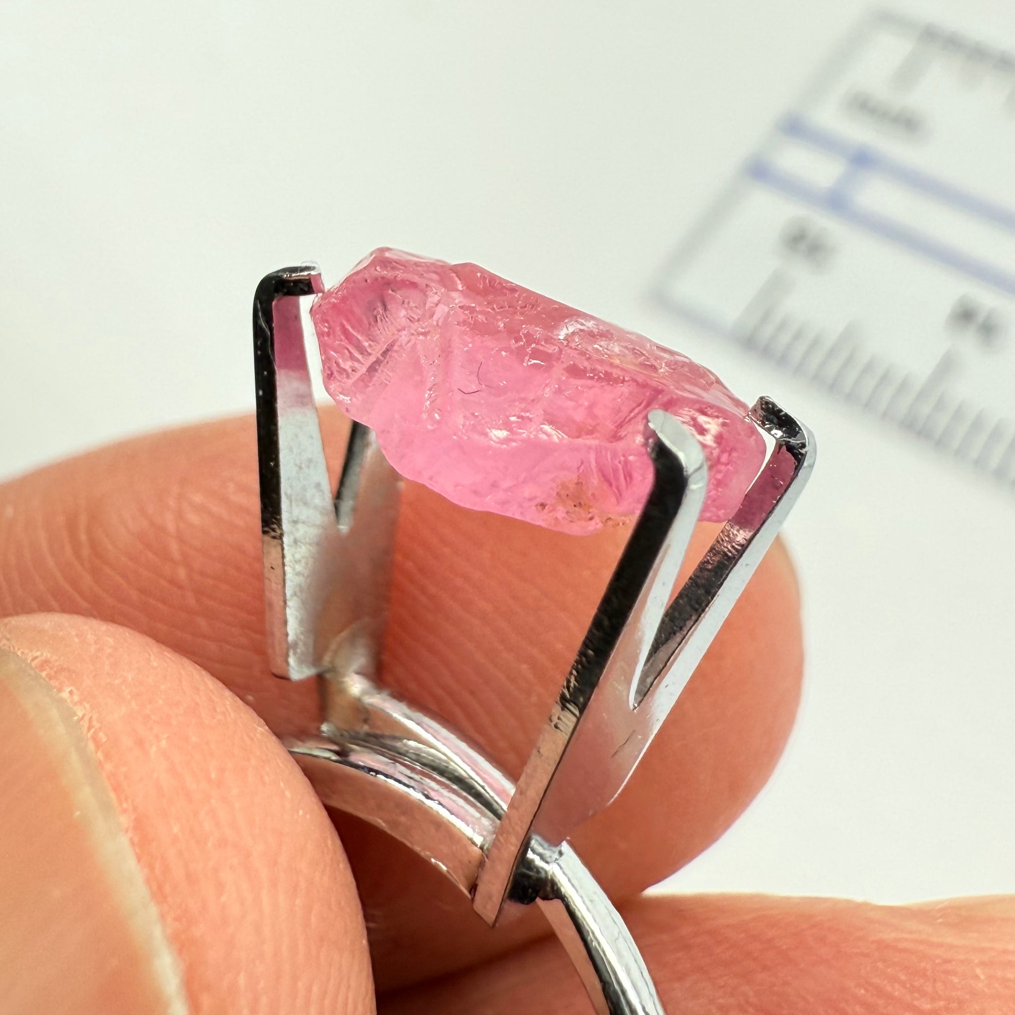 Pink Spinel, Baby Pink, 3.40ct, Tanzania, Untreated Unheated, slight inclusion on the outer skin, comes off on preform, rest just silky, flattish shape, set into jewellery as is, setting idea of what it would look like in a ring is shown