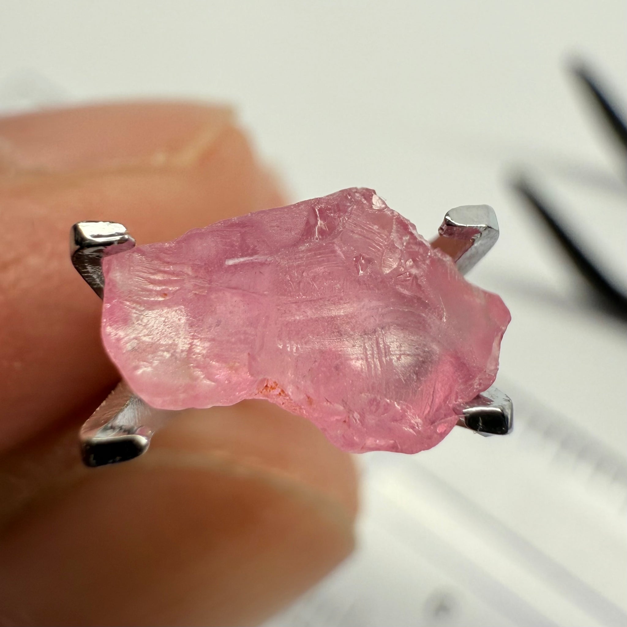 Pink Spinel, Baby Pink, 1.75ct, Tanzania, Untreated Unheated, slight inclusion on the outer skin, comes off on preform, rest just silky, flattish shape, set into jewellery as is, setting idea of what it would look like in a ring is shown