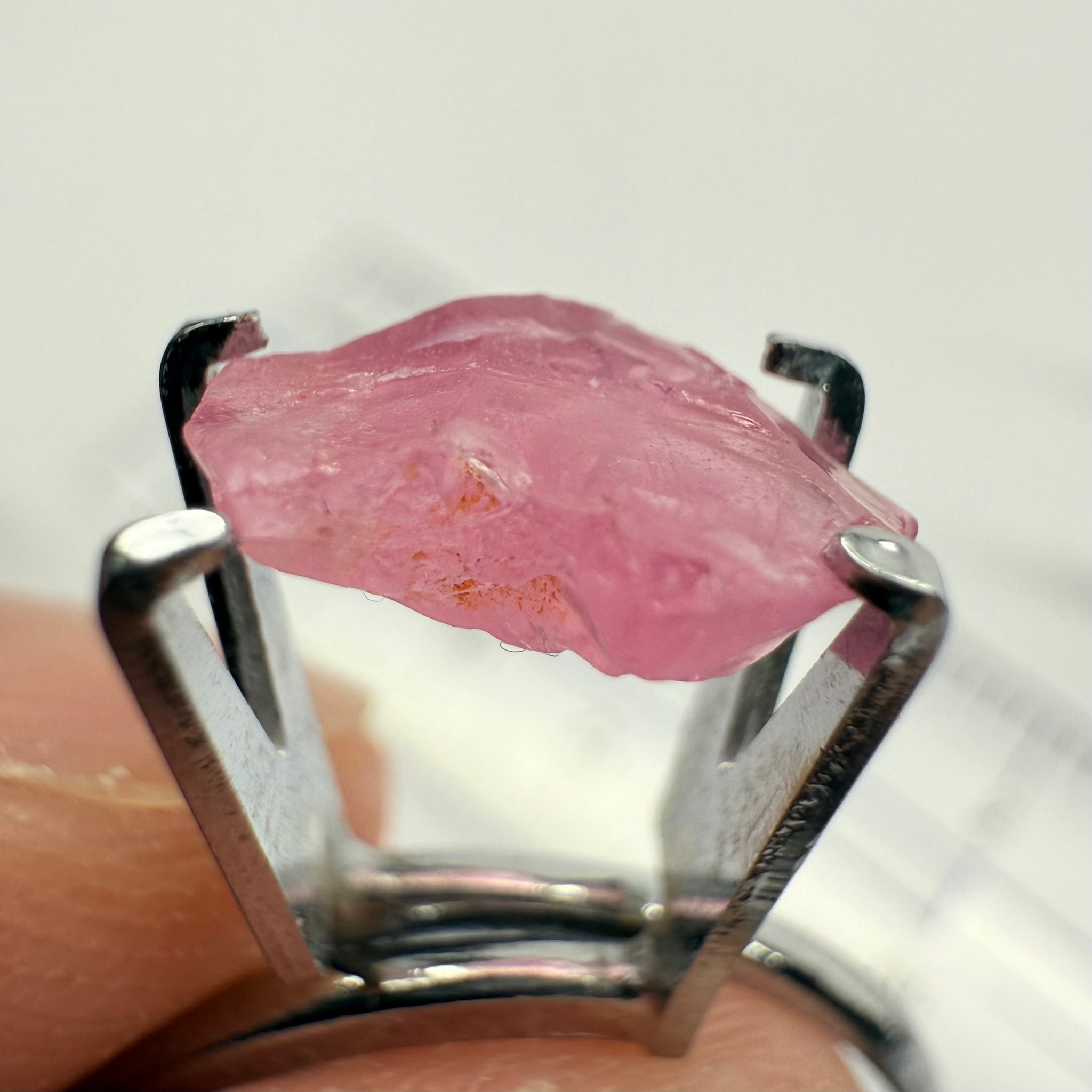 Pink Spinel, Baby Pink, 1.75ct, Tanzania, Untreated Unheated, slight inclusion on the outer skin, comes off on preform, rest just silky, flattish shape, set into jewellery as is, setting idea of what it would look like in a ring is shown