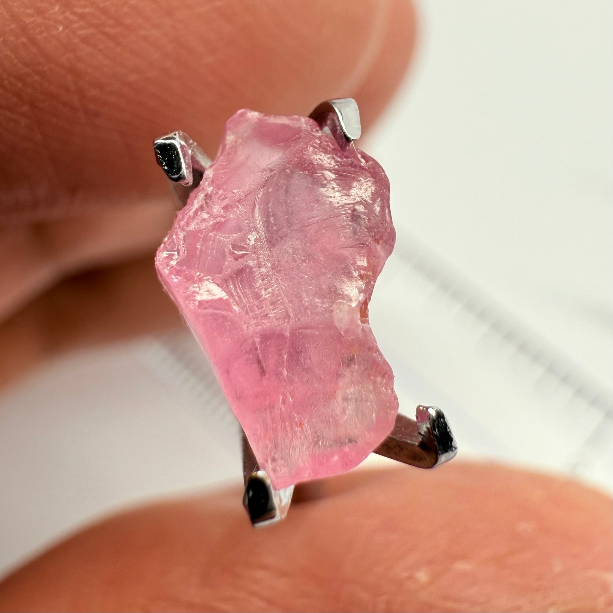 Pink Spinel, Baby Pink, 1.75ct, Tanzania, Untreated Unheated, slight inclusion on the outer skin, comes off on preform, rest just silky, flattish shape, set into jewellery as is, setting idea of what it would look like in a ring is shown