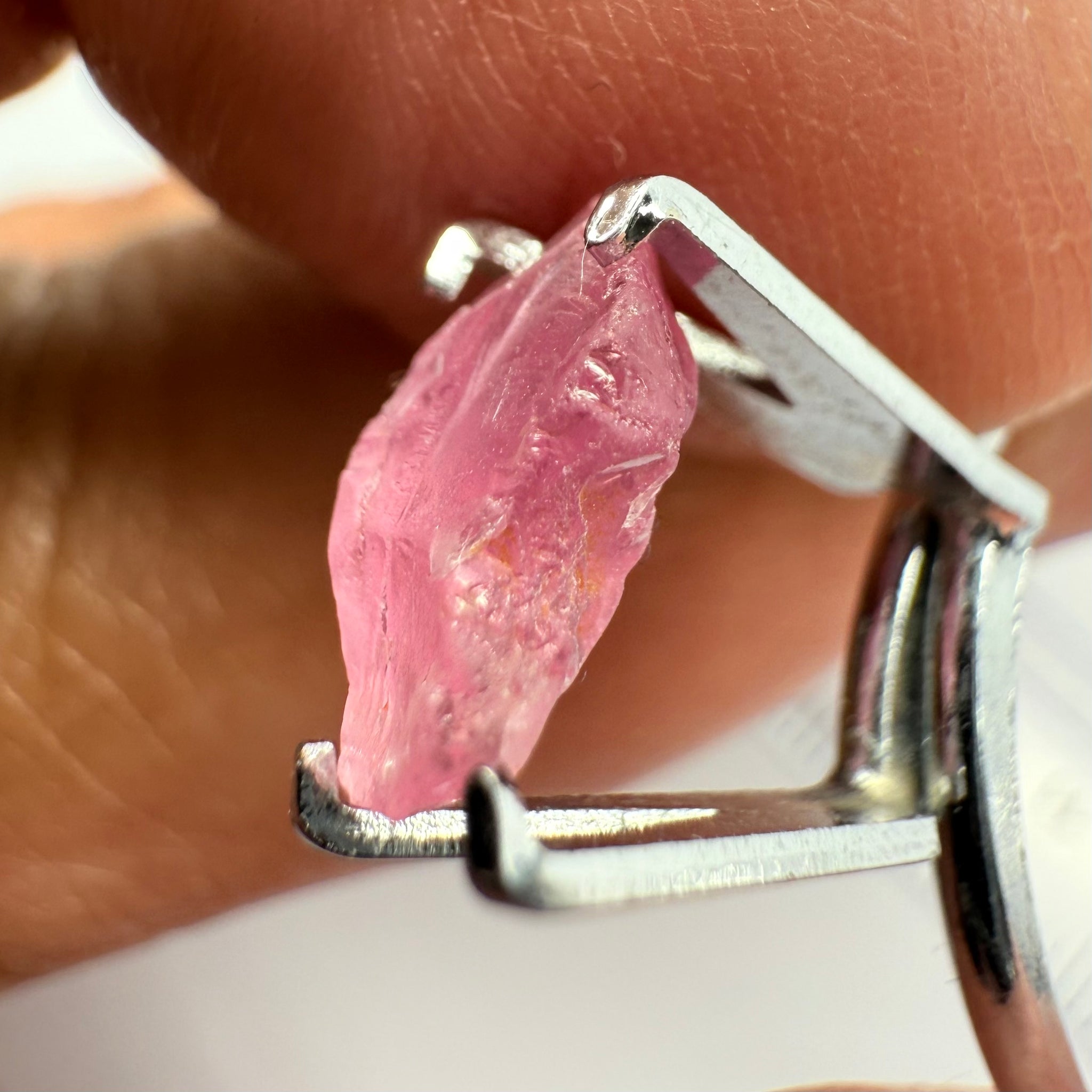 Pink Spinel, Baby Pink, 1.75ct, Tanzania, Untreated Unheated, slight inclusion on the outer skin, comes off on preform, rest just silky, flattish shape, set into jewellery as is, setting idea of what it would look like in a ring is shown