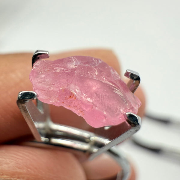 Pink Spinel, Baby Pink, 1.75ct, Tanzania, Untreated Unheated, slight inclusion on the outer skin, comes off on preform, rest just silky, flattish shape, set into jewellery as is, setting idea of what it would look like in a ring is shown