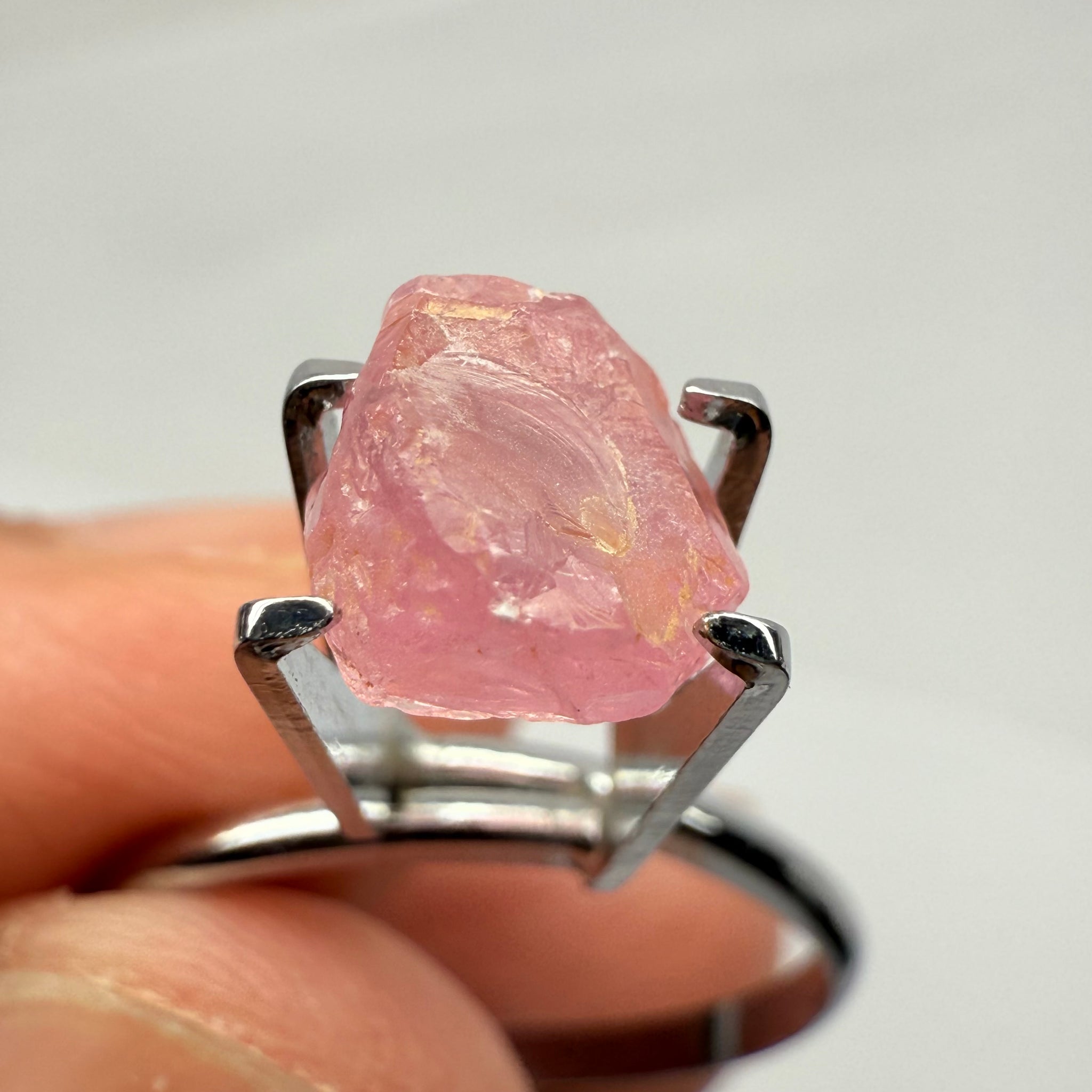 Pink Spinel, Baby Pink, 2.17ct, Tanzania, Untreated Unheated, included stone, set into jewellery as is, setting idea of what it would look like in a ring is shown