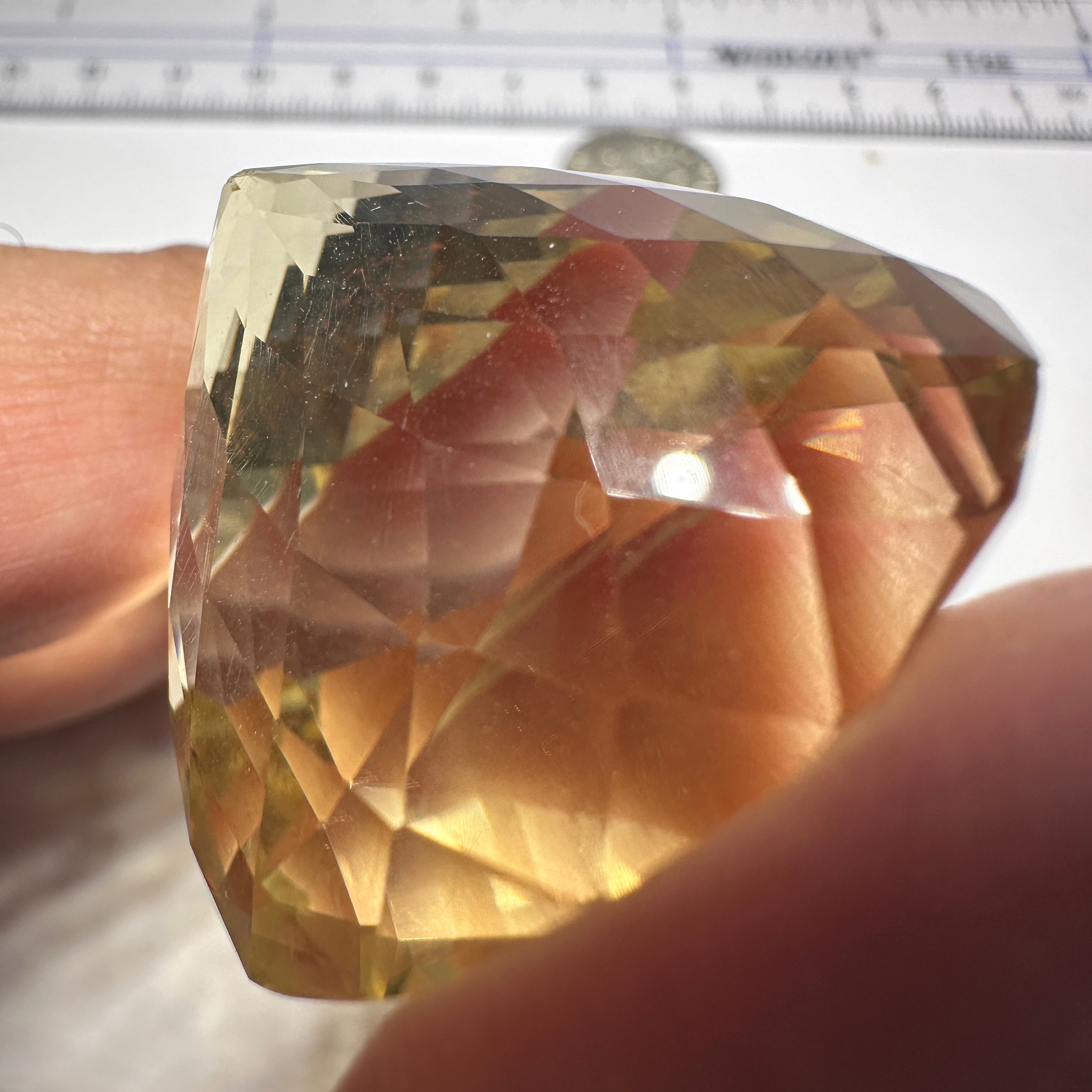 154.79ct Congo Citrine, Untreated Unheated. Native cut, culet slightly damaged, not easily noticeable, see pics and vid, 35.10 x 24.60mm, I had to show this one in all different lights