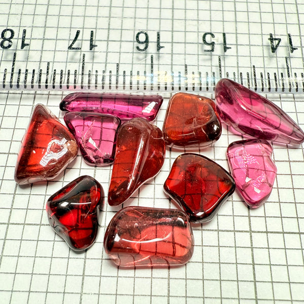 Mix Tanzanian Garnet Lot, Freeform Cabochons, 31.45ct, from multiple areas in Tanzania, Untreated Unheated, great for designers getting creative, very high polish, excellent transparency. 10 pc lot, 3.0ct av.