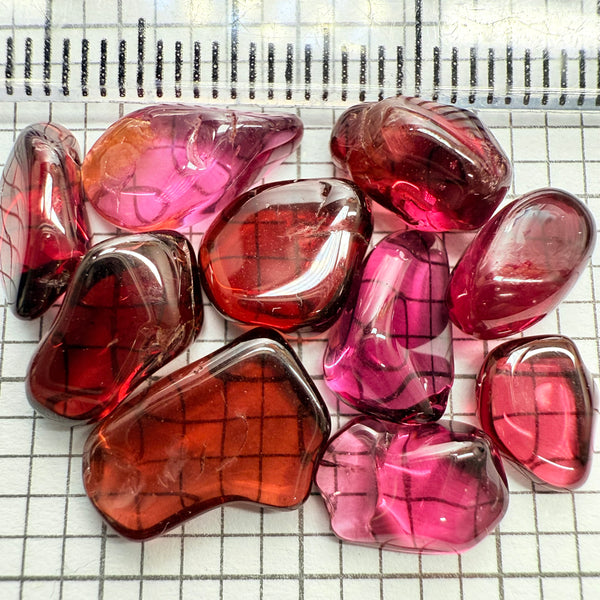 Mix Tanzanian Garnet Lot, Freeform Cabochons, 30.71ct, from multiple areas in Tanzania, Untreated Unheated, great for designers getting creative, very high polish, excellent transparency. 10 pc lot, 3.0ct av.