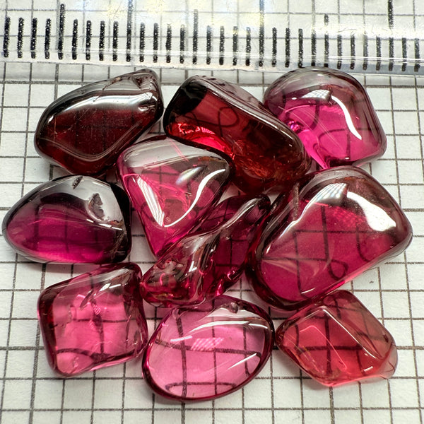 Mix Tanzanian Garnet Lot, Freeform Cabochons, 27.68ct, from multiple areas in Tanzania, Untreated Unheated, great for designers getting creative, very high polish, excellent transparency. 10 pc lot, 2.7ct av.