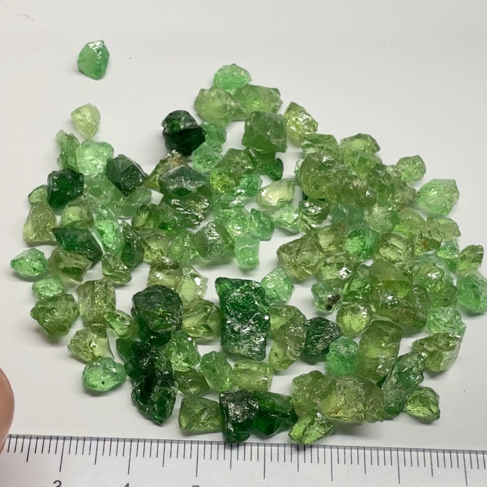 Tsavorite Garnet Lot, 33.40gm / 167.00ct Lot, Tanzania, Untreated Unheated, mixed grades from Slightly Veiled, Slightly Included to Included, there are some mint Tourmalines in here too, you will have to go though them with a dichroscope