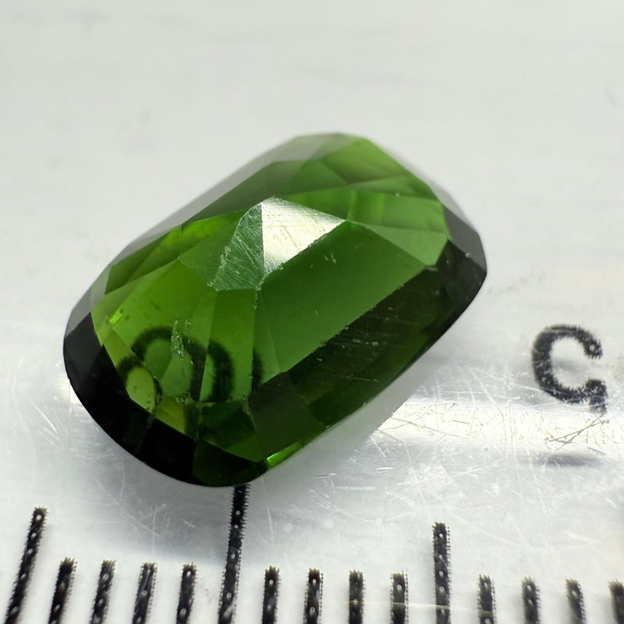 Chrome Tourmaline, 2.90ct, Landanai, Tanzania, Untreated Unheated, terrible native cut, but if you can use price reflects, shown upside down if you want to use it as a faceted cab