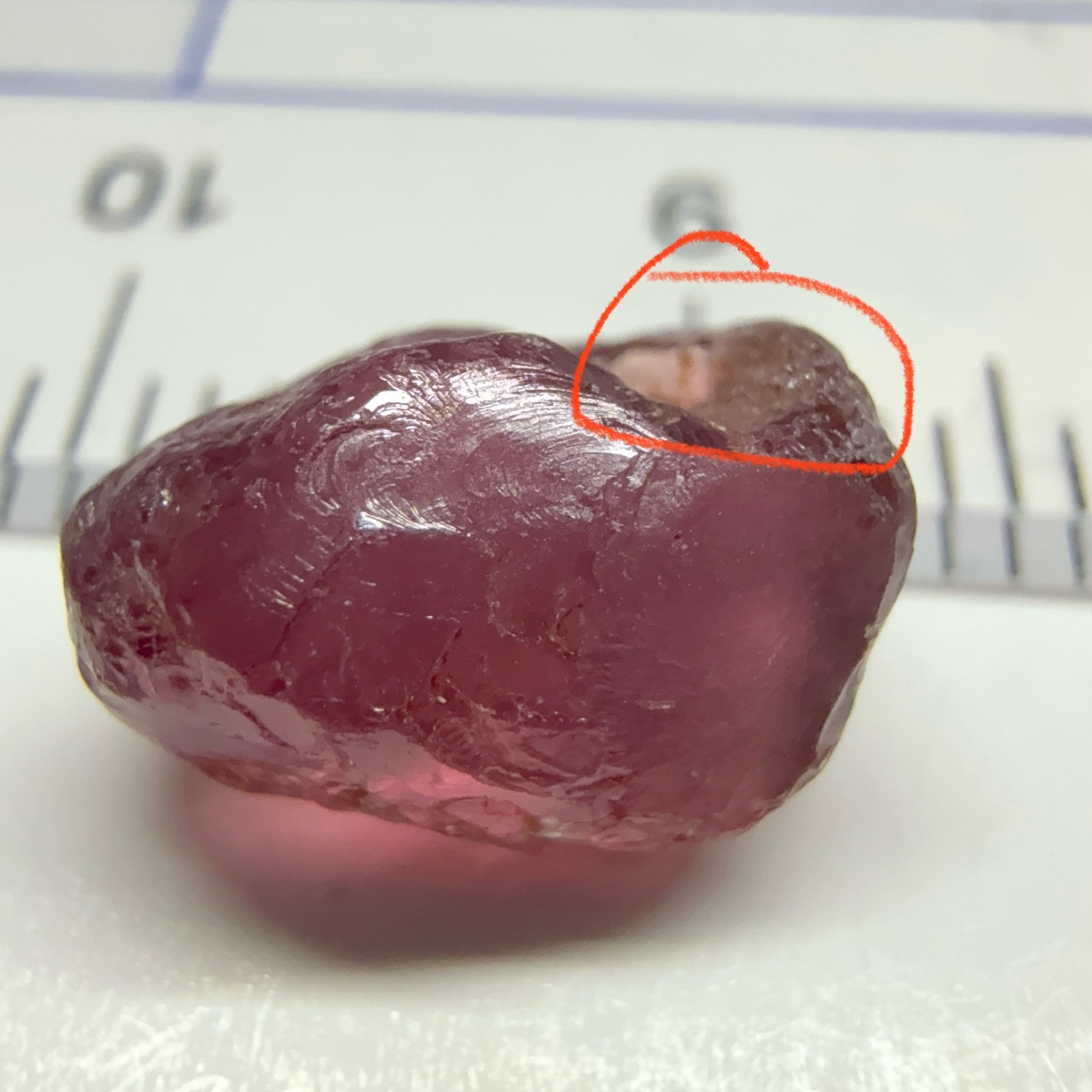 Rhodolite Garnet, 4.75ct, Umba, Tanzania, Untreated Untreated. Few bubbles right on the outside 1mm into the skin, rest vvs, also note the weird skin indentation, see pics