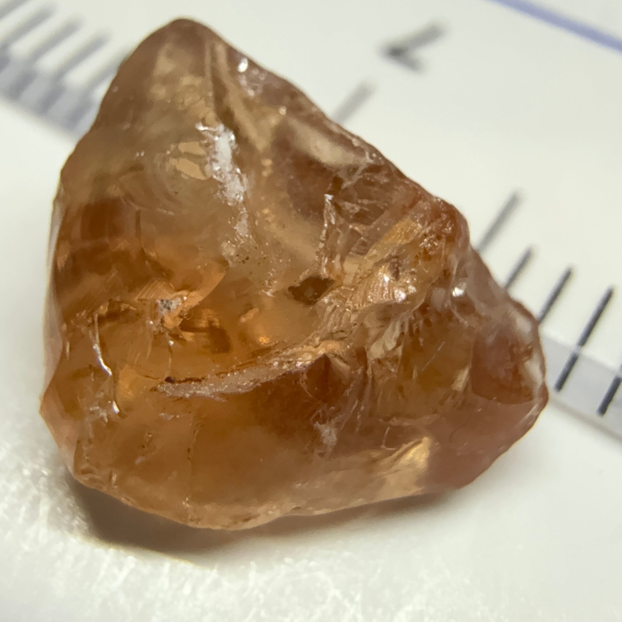Peach Malaya Garnet, 3.97ct, challenging shape, gunk on outside, will come off on preform, rest vvs, Unheated Untreated, Umba Valley Tanzania