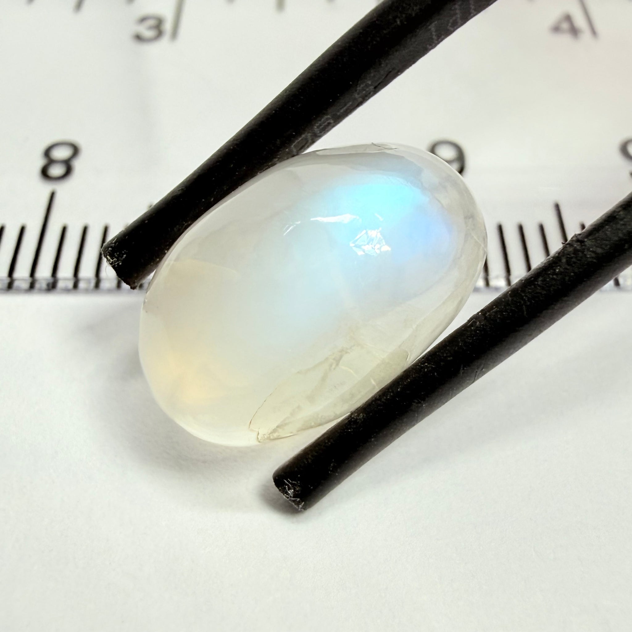 Blue Sheen Moonstone Cabochon, 6.35ct, Tanzania, Untreated Unheated, the sheen is more sleeping to one long end in this one