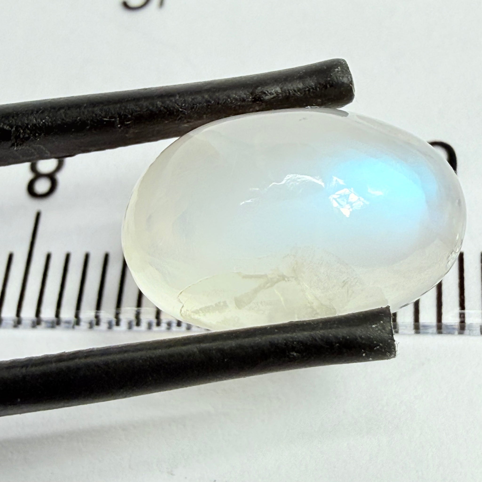 Blue Sheen Moonstone Cabochon, 6.35ct, Tanzania, Untreated Unheated, the sheen is more sleeping to one long end in this one