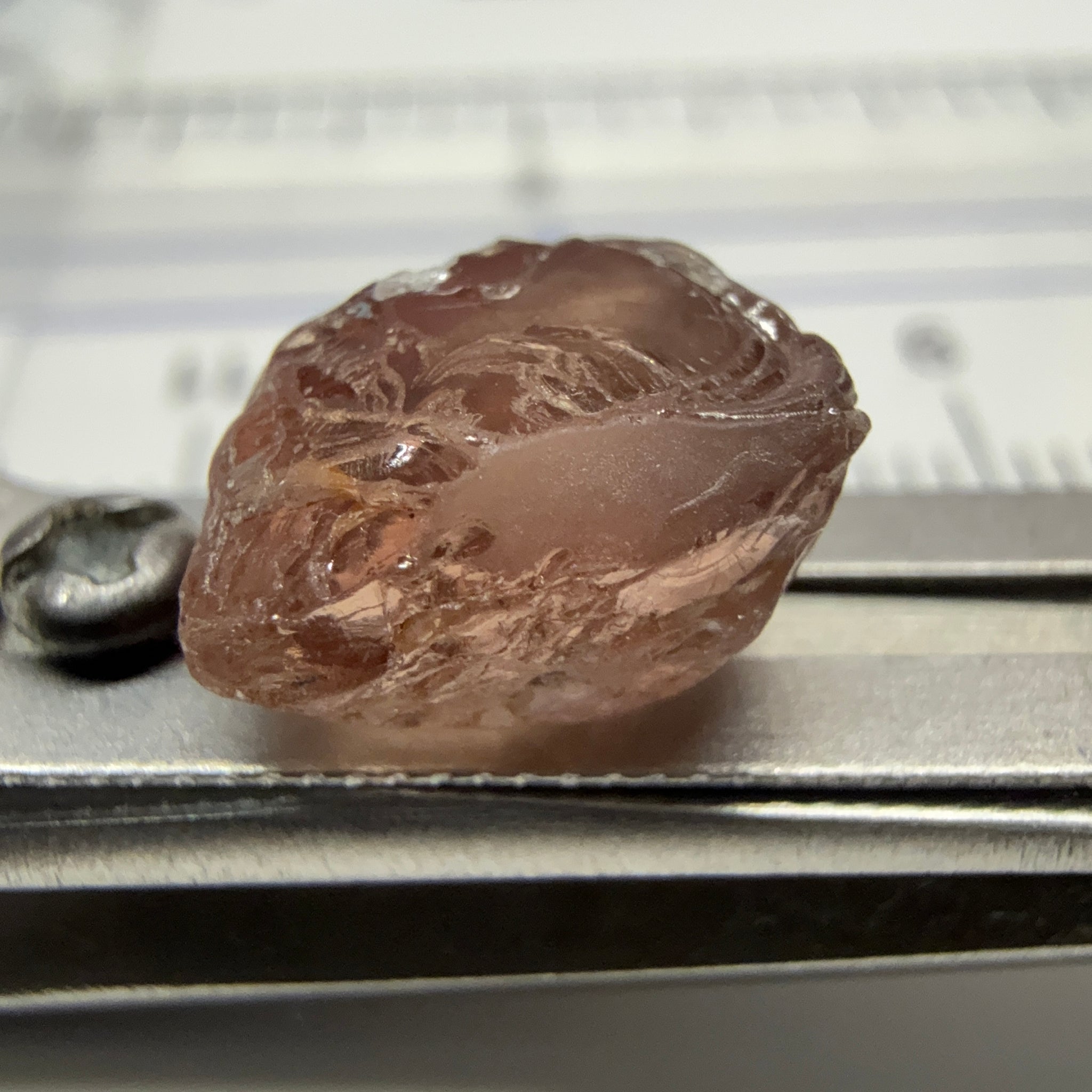 Peach Malaya Colour Shift Garnet, 4.26ct, some spots on the outside, will come off on preform, see super enlarged photos, rest vvs-if, Unheated Untreated, Umba Valley Tanzania