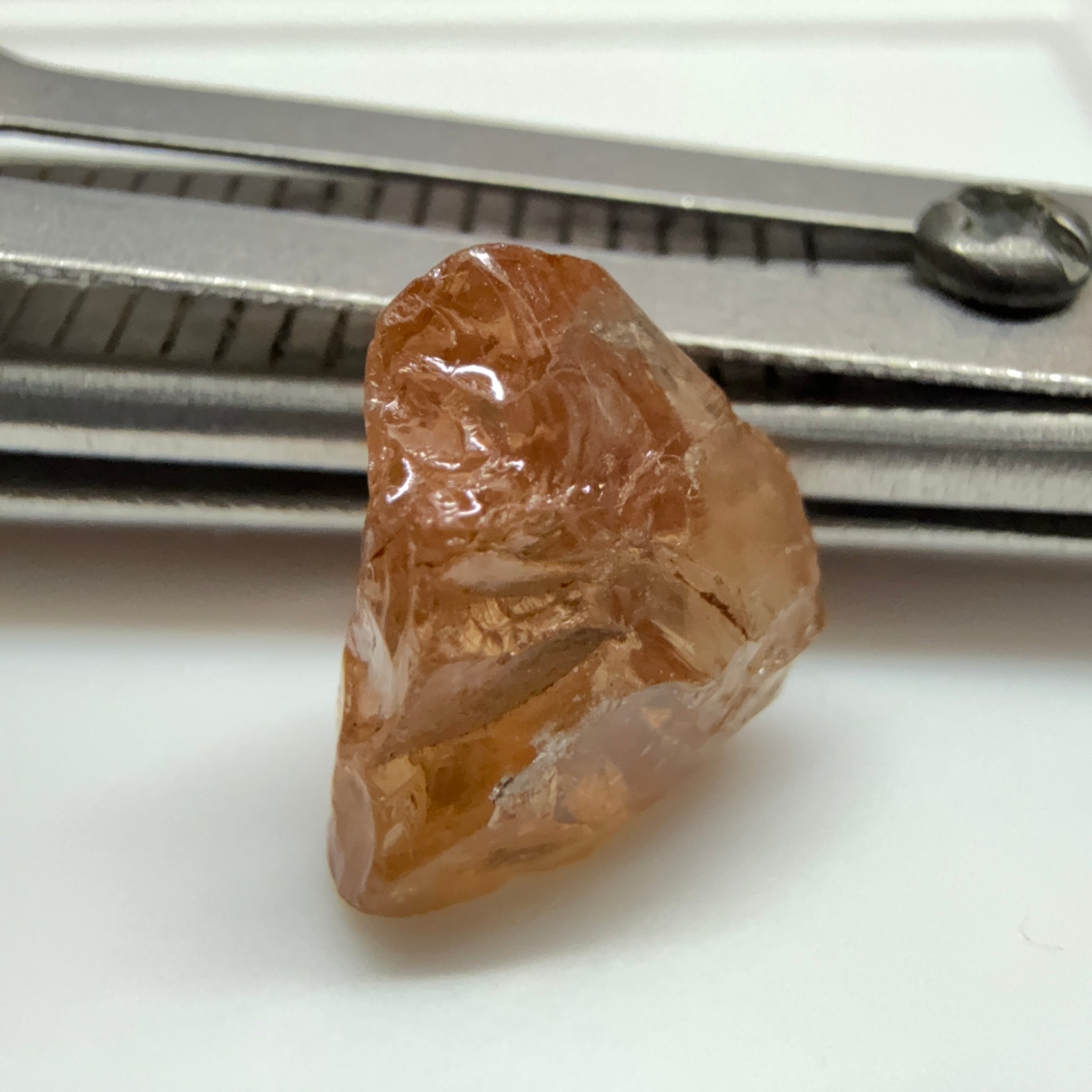 Peach Malaya Garnet, 3.97ct, challenging shape, gunk on outside, will come off on preform, rest vvs, Unheated Untreated, Umba Valley Tanzania