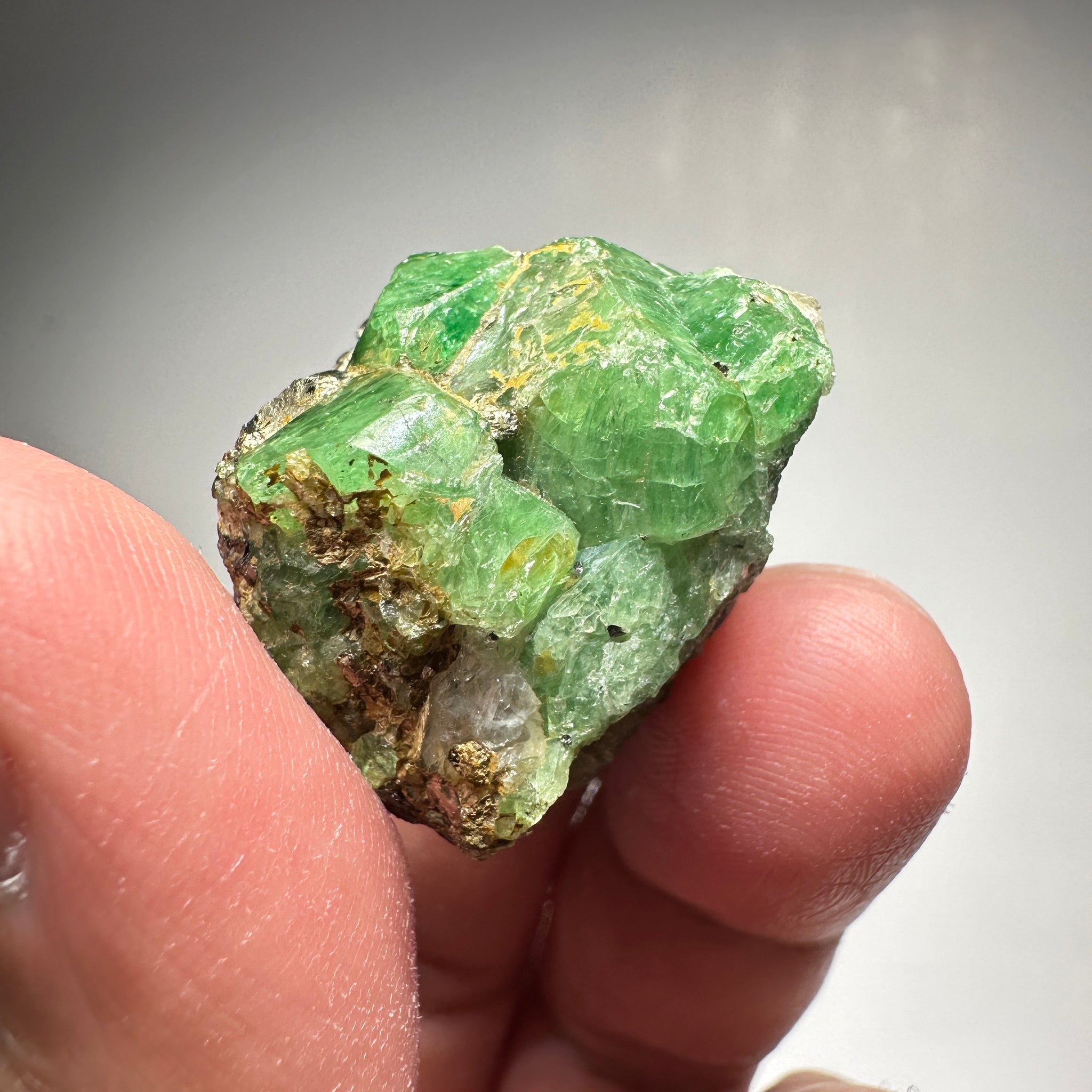 Tsavorite Crystal With Tanzanite And Pyrite on Matrix, 24.50gm / 122.50ct, Merelani, Tanzania. 28 x 22 x 21mm