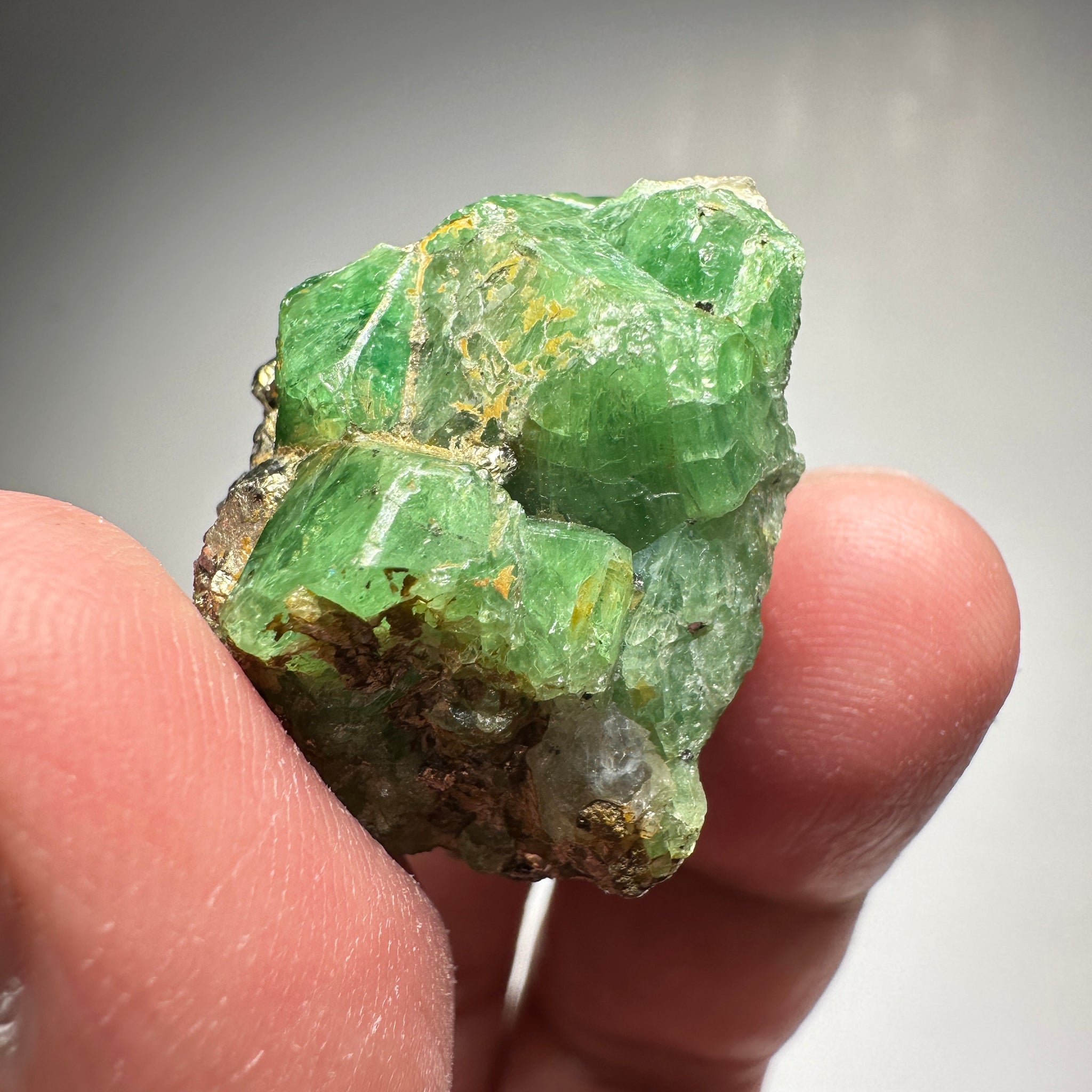 Tsavorite Crystal With Tanzanite And Pyrite on Matrix, 24.50gm / 122.50ct, Merelani, Tanzania. 28 x 22 x 21mm