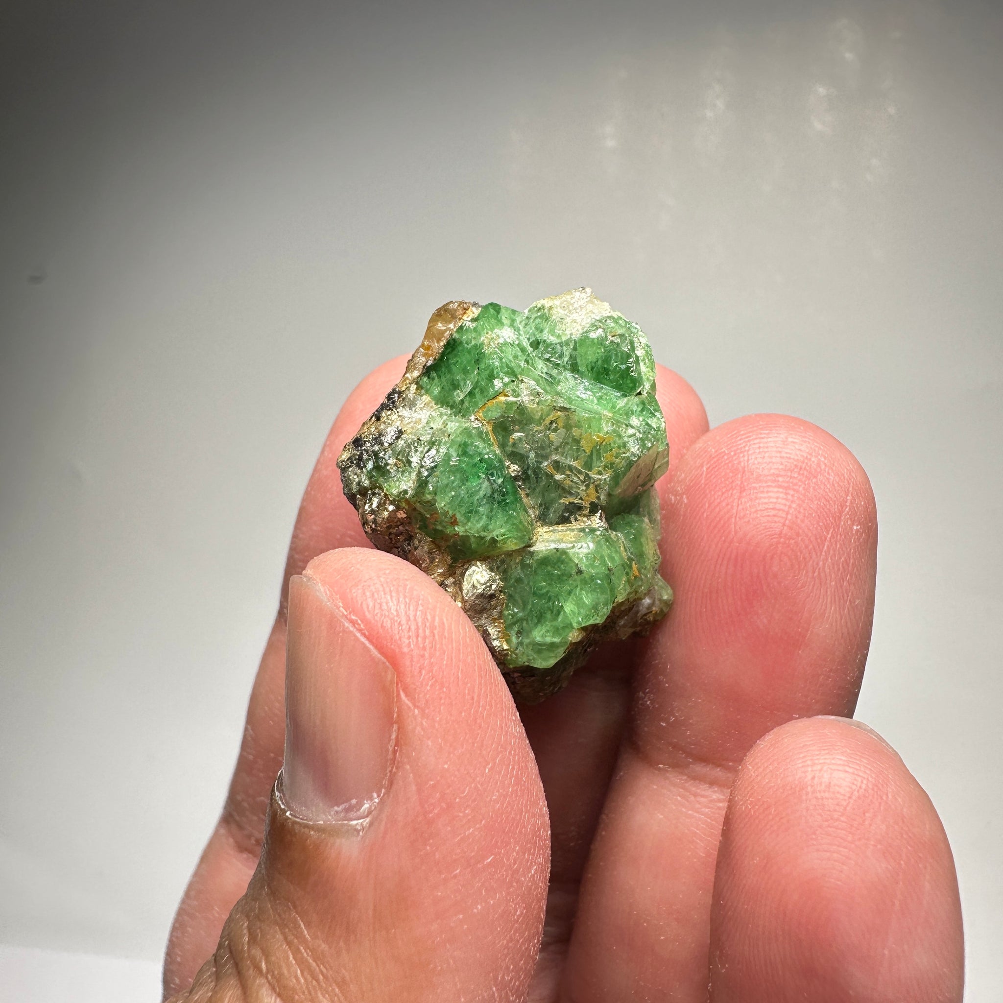Tsavorite Crystal With Tanzanite And Pyrite on Matrix, 24.50gm / 122.50ct, Merelani, Tanzania. 28 x 22 x 21mm