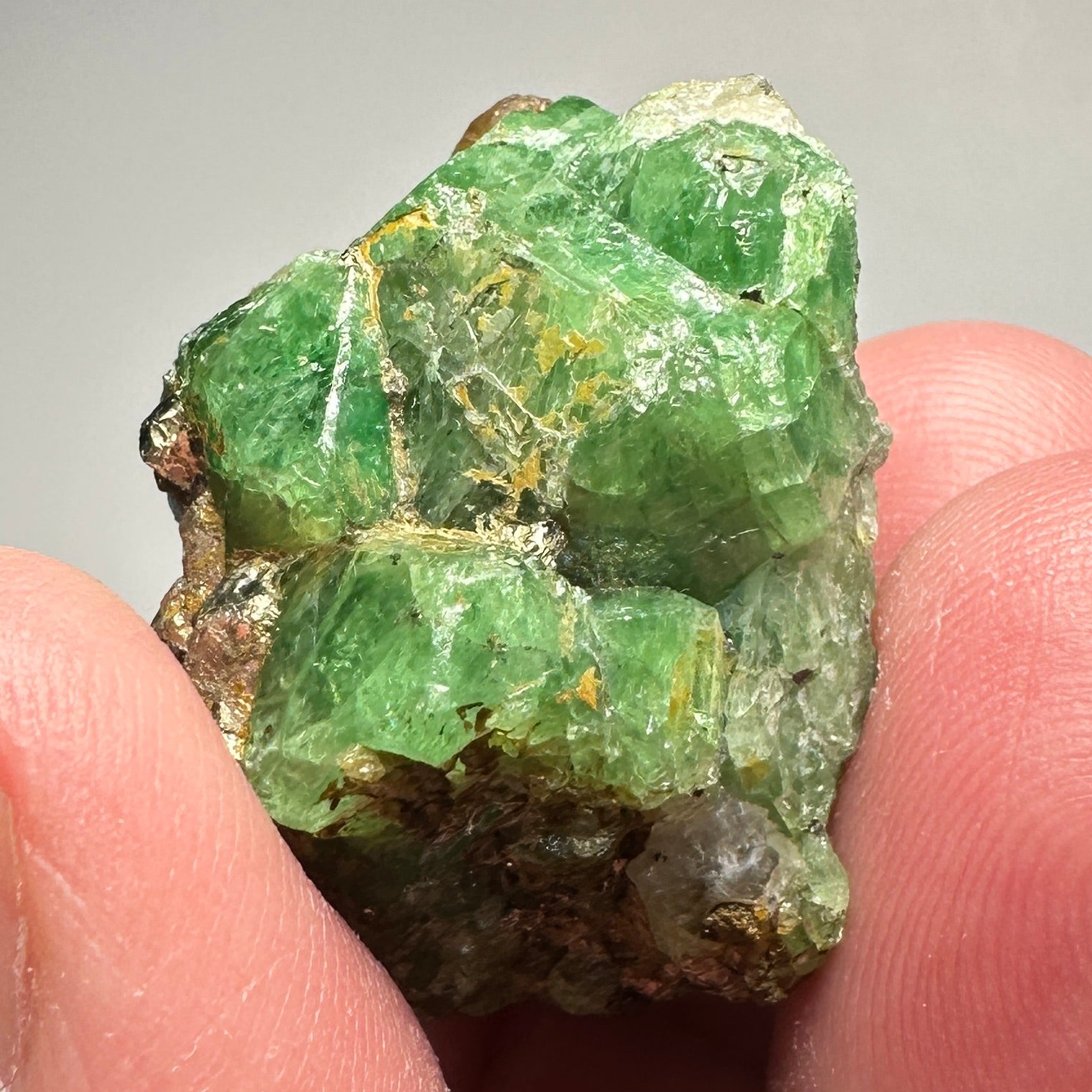 Tsavorite Crystal With Tanzanite And Pyrite on Matrix, 24.50gm / 122.50ct, Merelani, Tanzania. 28 x 22 x 21mm