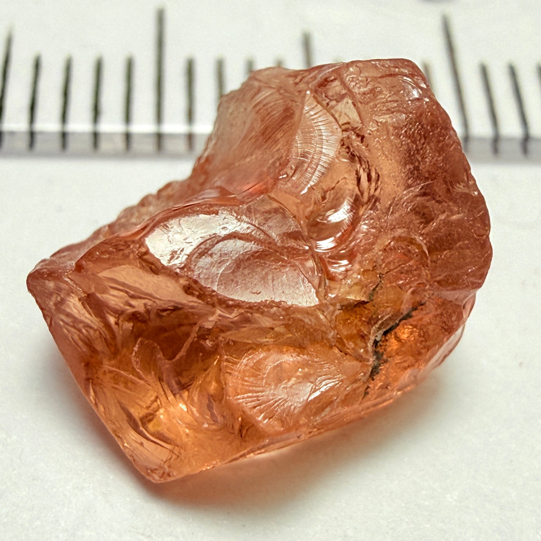 Peach Malaya Garnet, 5.97ct, vvs-if with slight crack on skin, challenging shape, Unheated Untreated, Umba Valley Tanzania