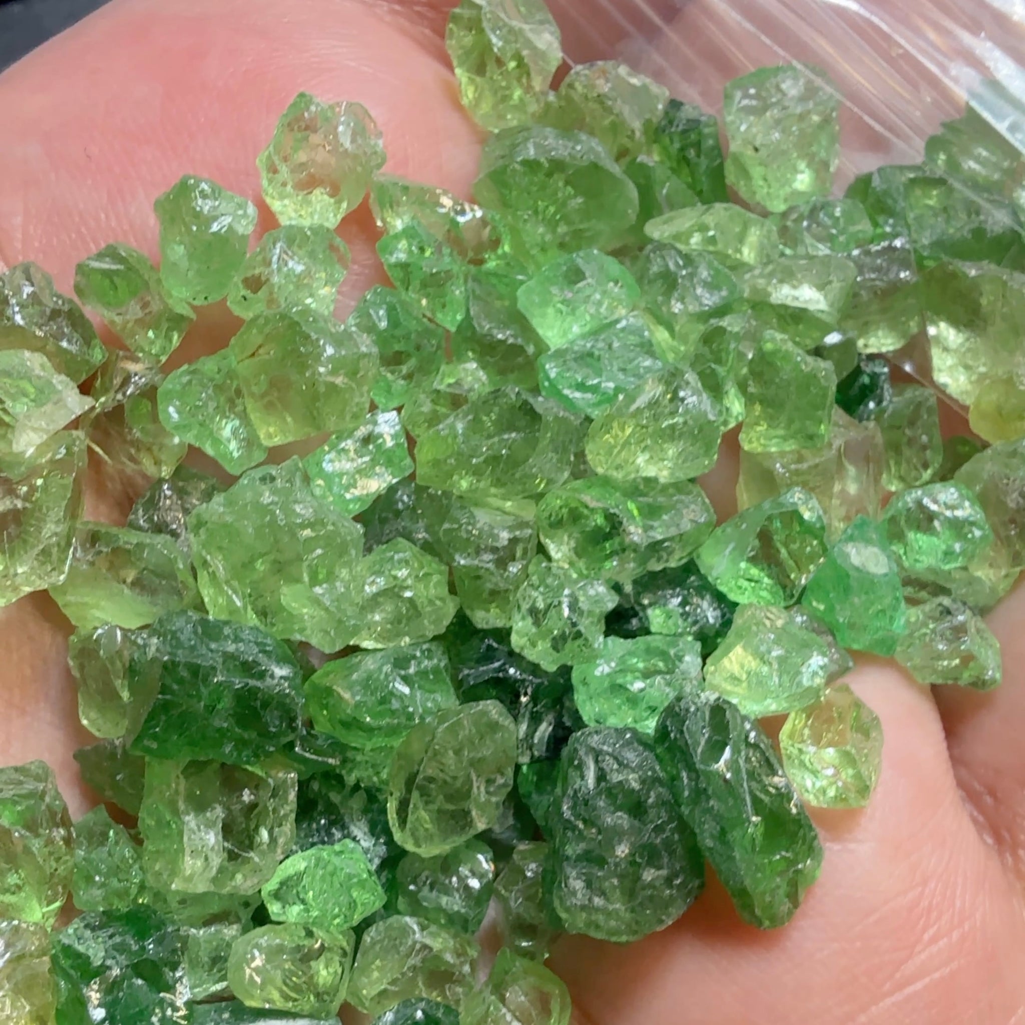 Tsavorite Garnet Lot, 33.40gm / 167.00ct Lot, Tanzania, Untreated Unheated, mixed grades from Slightly Veiled, Slightly Included to Included, there are some mint Tourmalines in here too, you will have to go though them with a dichroscope