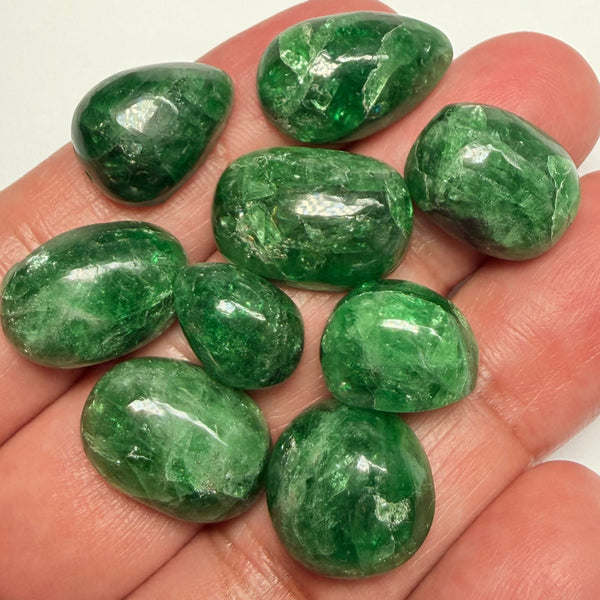 Tsavorite Garnet Cabochon Lot, 161.33ct, Tanzania, Untreated Unheated, 7.71ct-26.23ct, 9 pieces, 17.92ct average, gemmy portions
