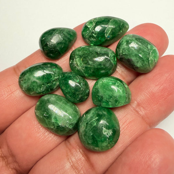 Tsavorite Garnet Cabochon Lot, 161.33ct, Tanzania, Untreated Unheated, 7.71ct-26.23ct, 9 pieces, 17.92ct average, gemmy portions