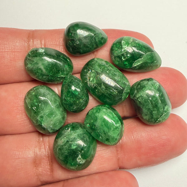 Tsavorite Garnet Cabochon Lot, 161.33ct, Tanzania, Untreated Unheated, 7.71ct-26.23ct, 9 pieces, 17.92ct average, gemmy portions